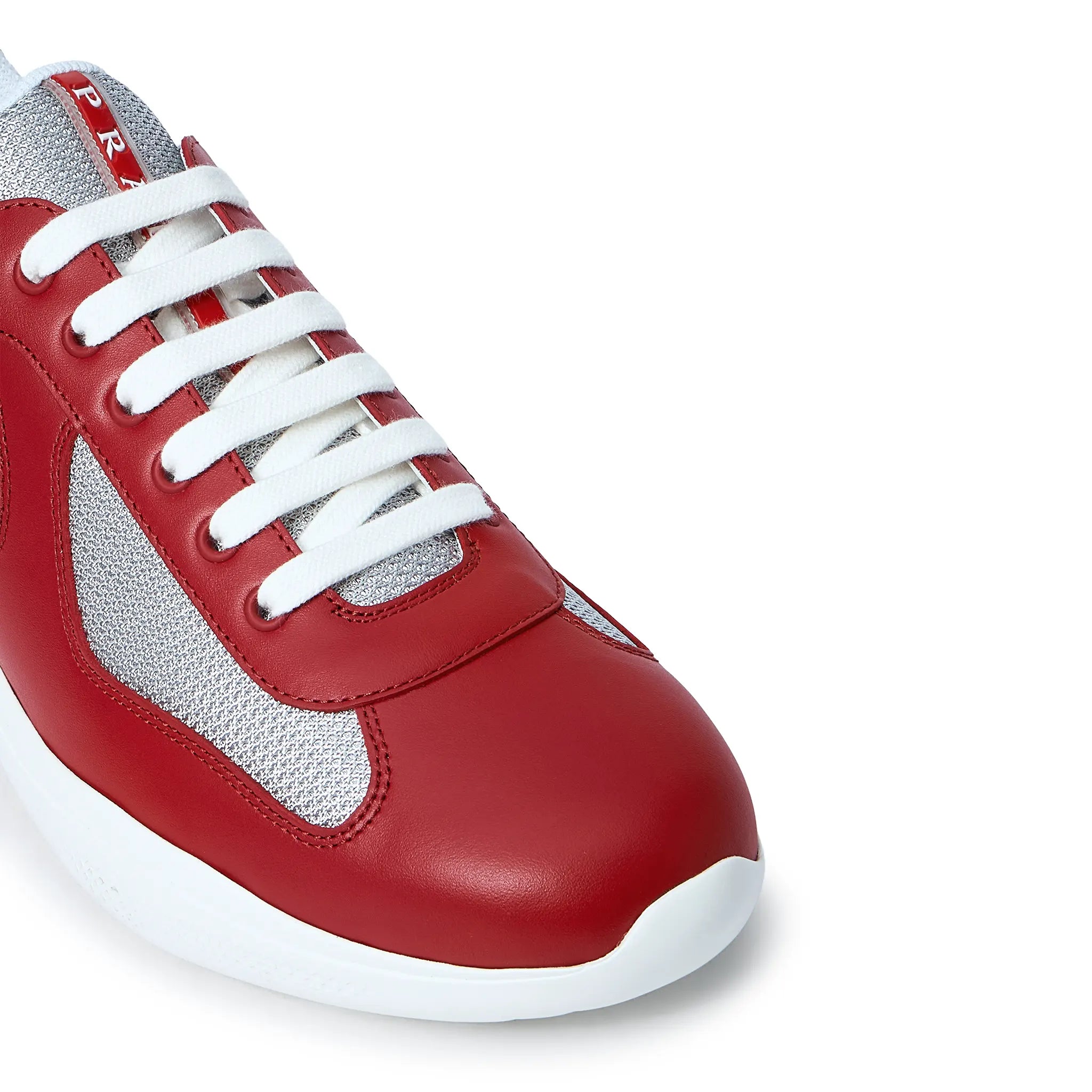Detailed View of Prada Americas Cup Soft Rubber And Bike Fabric Red Silver Sneaker 4E3400_6GW_F0J3Y