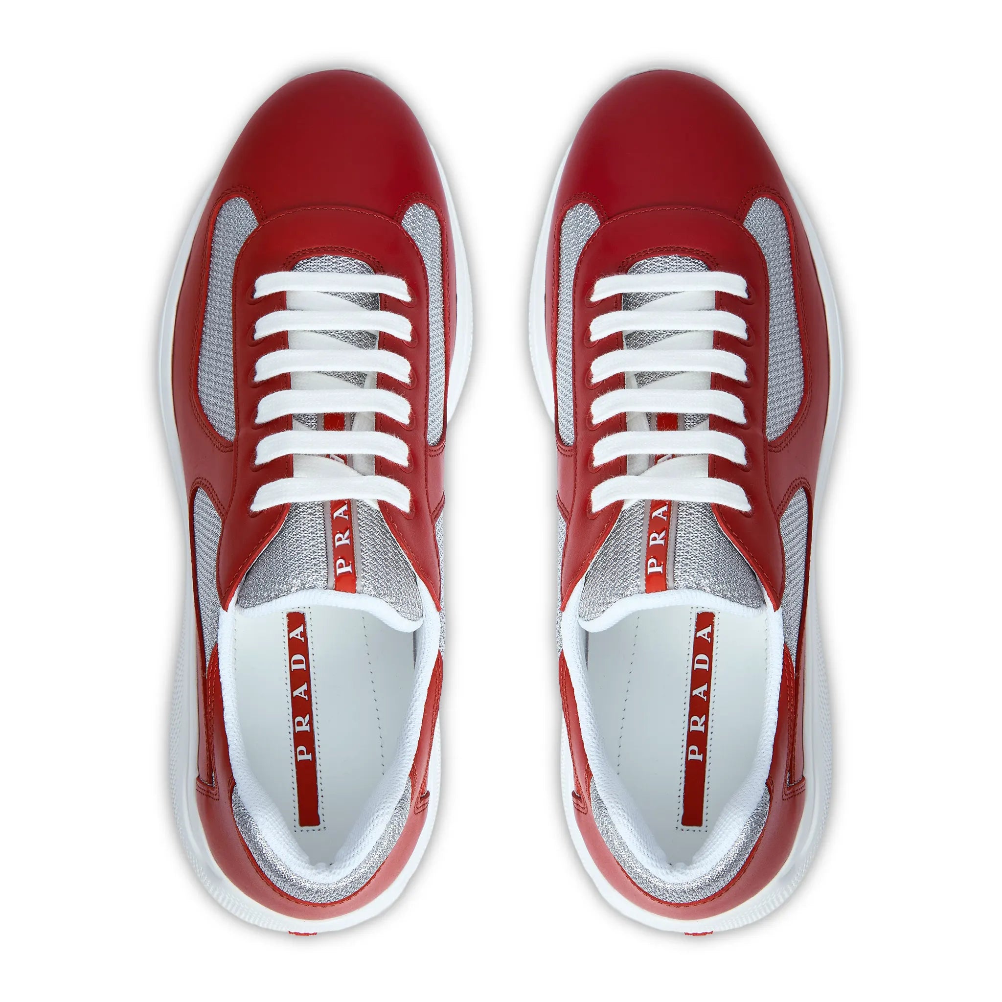 Upper View of Prada Americas Cup Soft Rubber And Bike Fabric Red Silver Sneaker 4E3400_6GW_F0J3Y