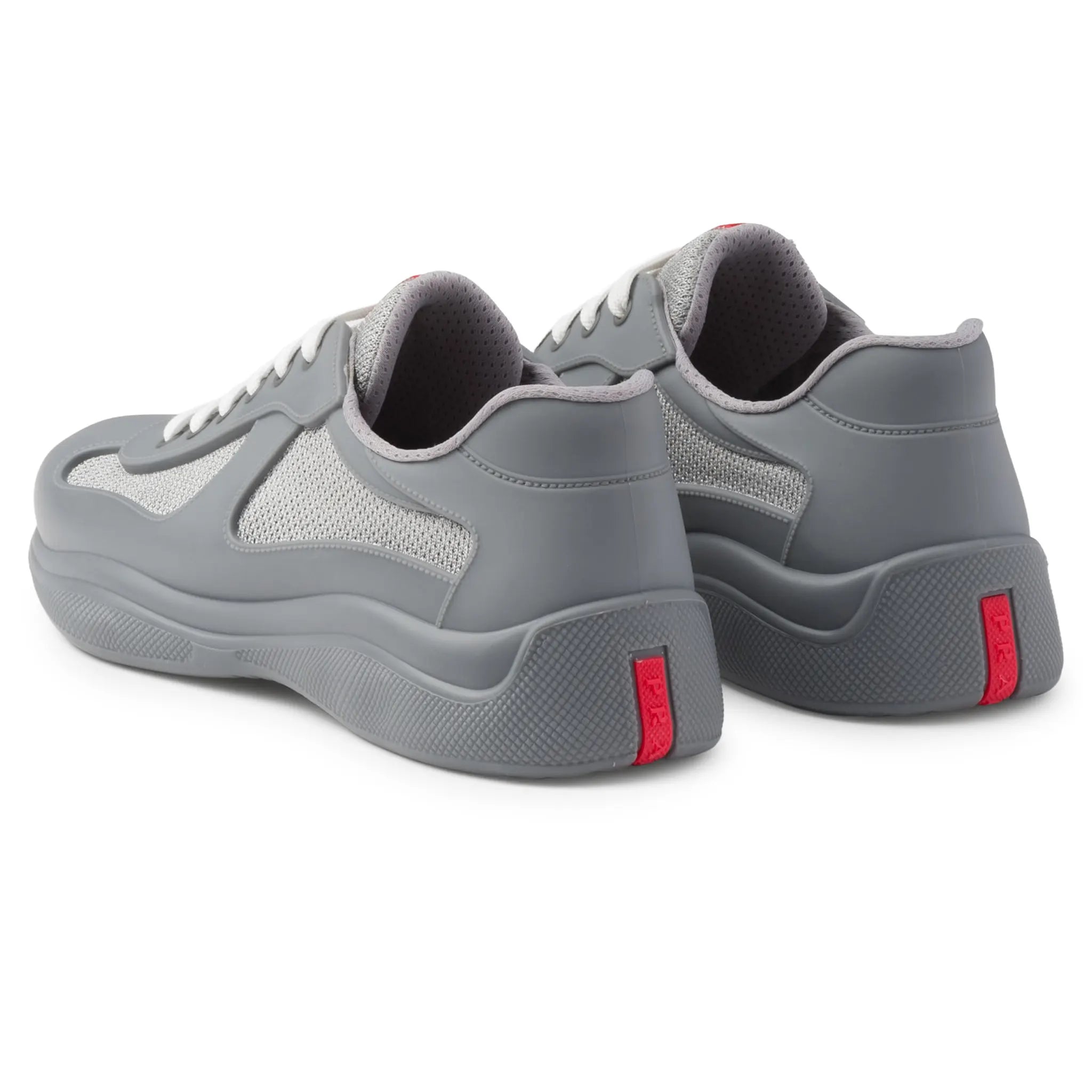 Back Side View of Prada Americas Cup Soft Rubber And Bike Fabric Steel Grey Sneaker 4E6500_3LLJ_F0276_F_025