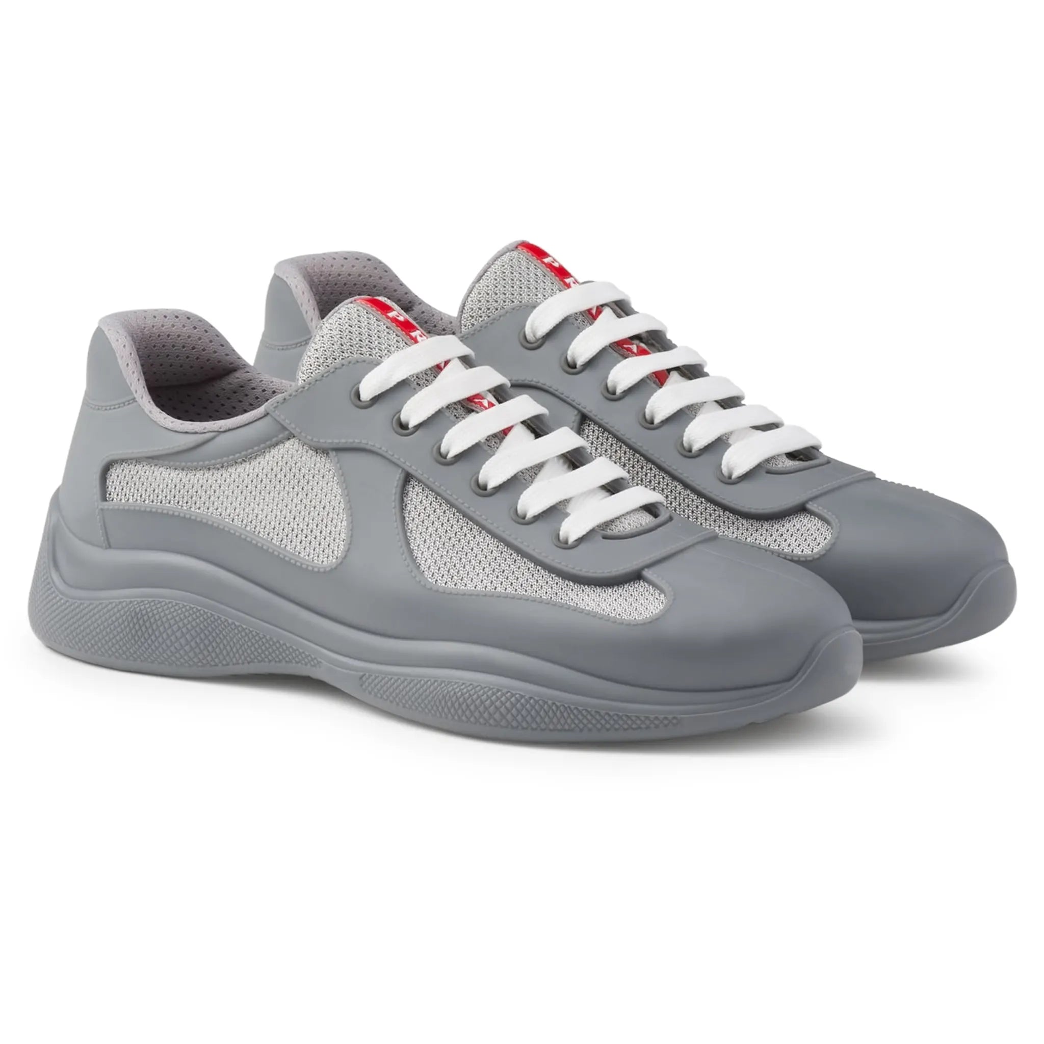Front Side View of Prada Americas Cup Soft Rubber And Bike Fabric Steel Grey Sneaker 4E6500_3LLJ_F0276_F_025