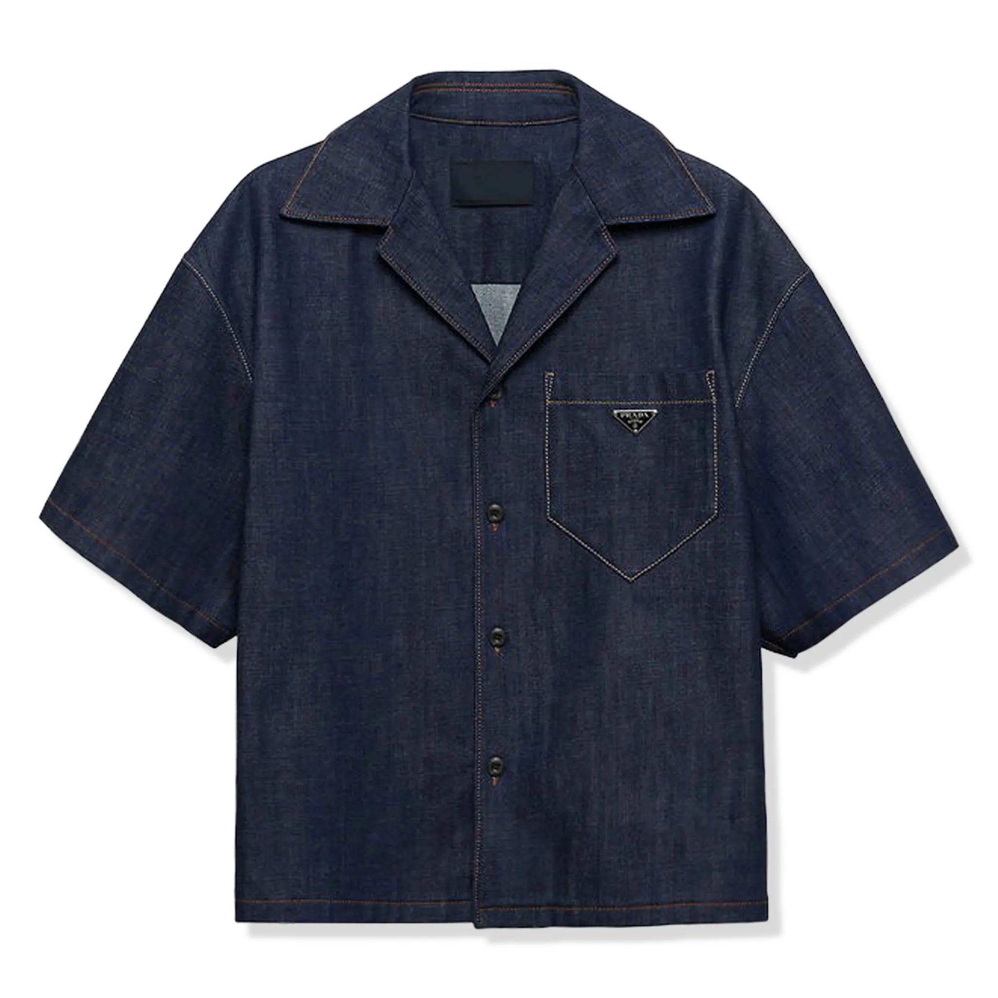 Front View of Prada Bowling Denim S/S Navy Shirt GEC116_18ME_F0008_S_OOO