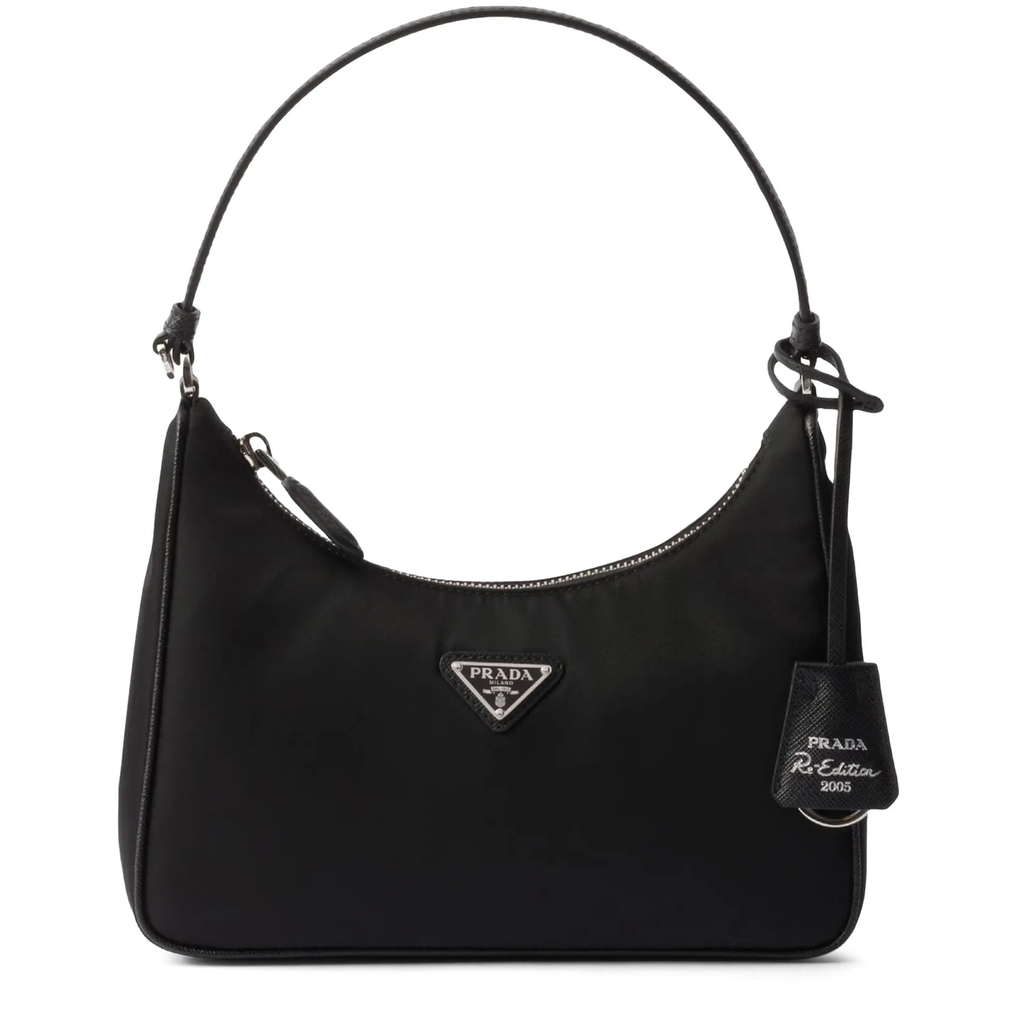 Front View of Prada Logo Re-Edition 2005 Mini Black Bag
