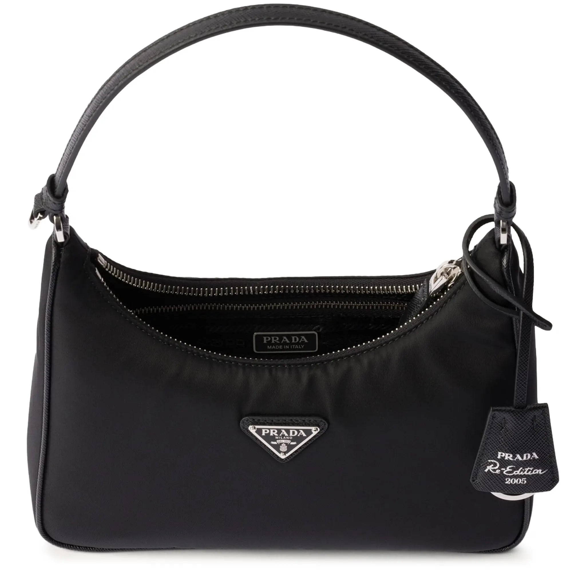 Front View of View of Prada Logo Re-Edition 2005 Mini Black Bag