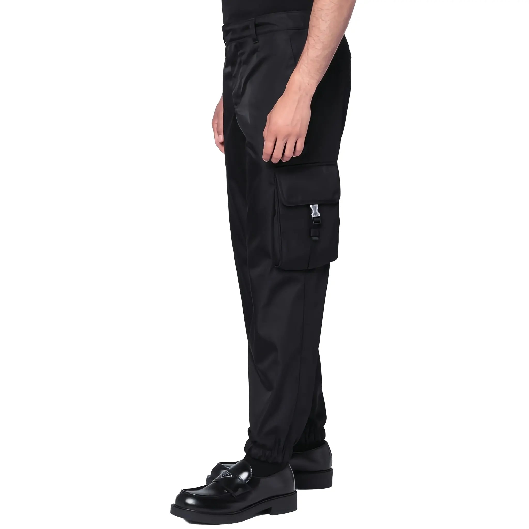 Side View of Prada Nylon Cuffed Straight Leg Black Cargo Pants SPH130S2111WQ8