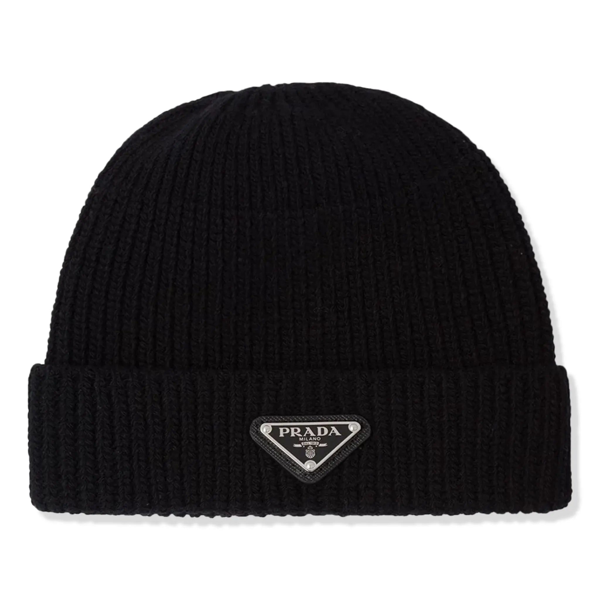 Front View of Prada Re-Nylon Gabardine and Wool Black Beanie