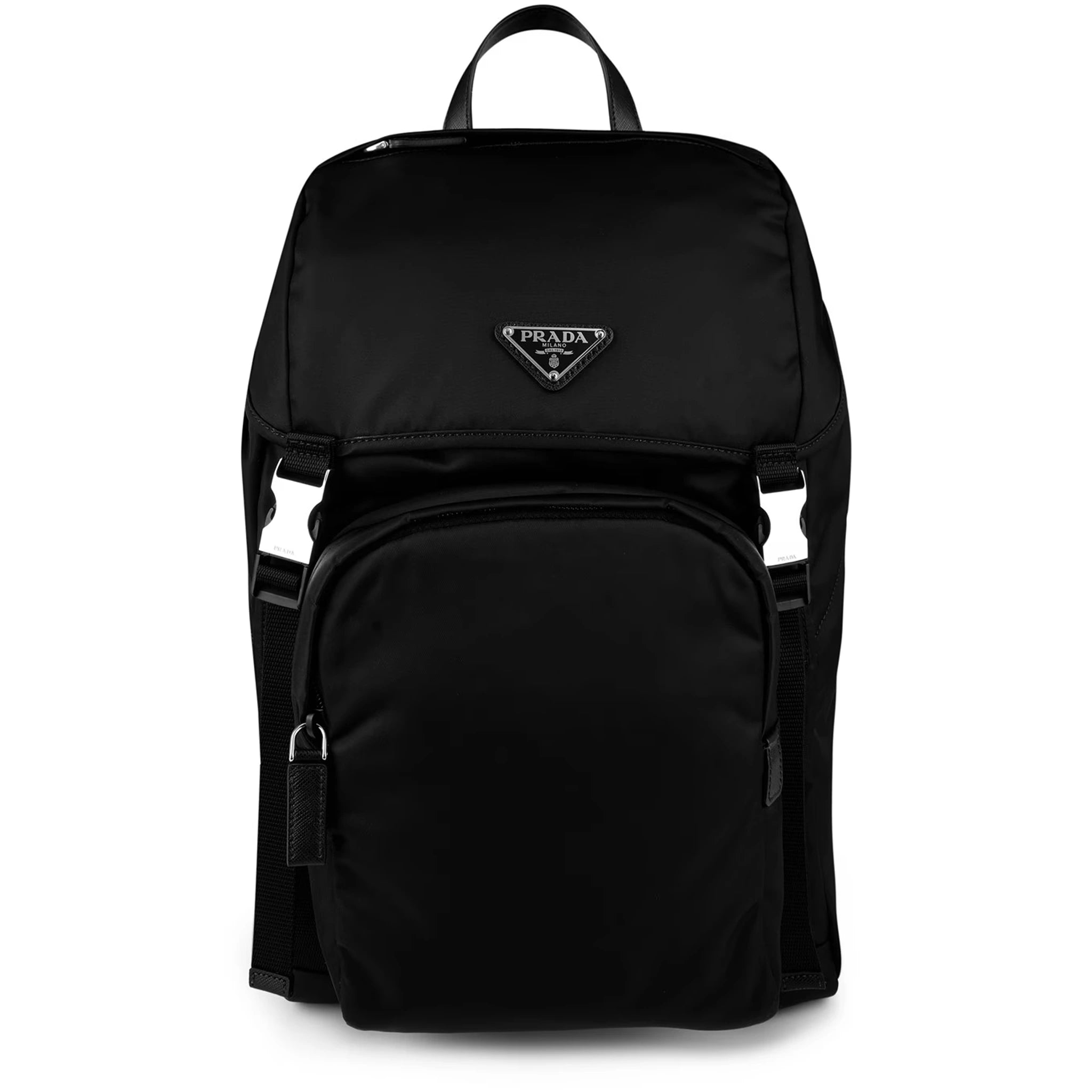 Front view of Prada Re-Nylon Saffiano Leather Black Backpack 2VZ135_2DMG_F0002_V_HOL