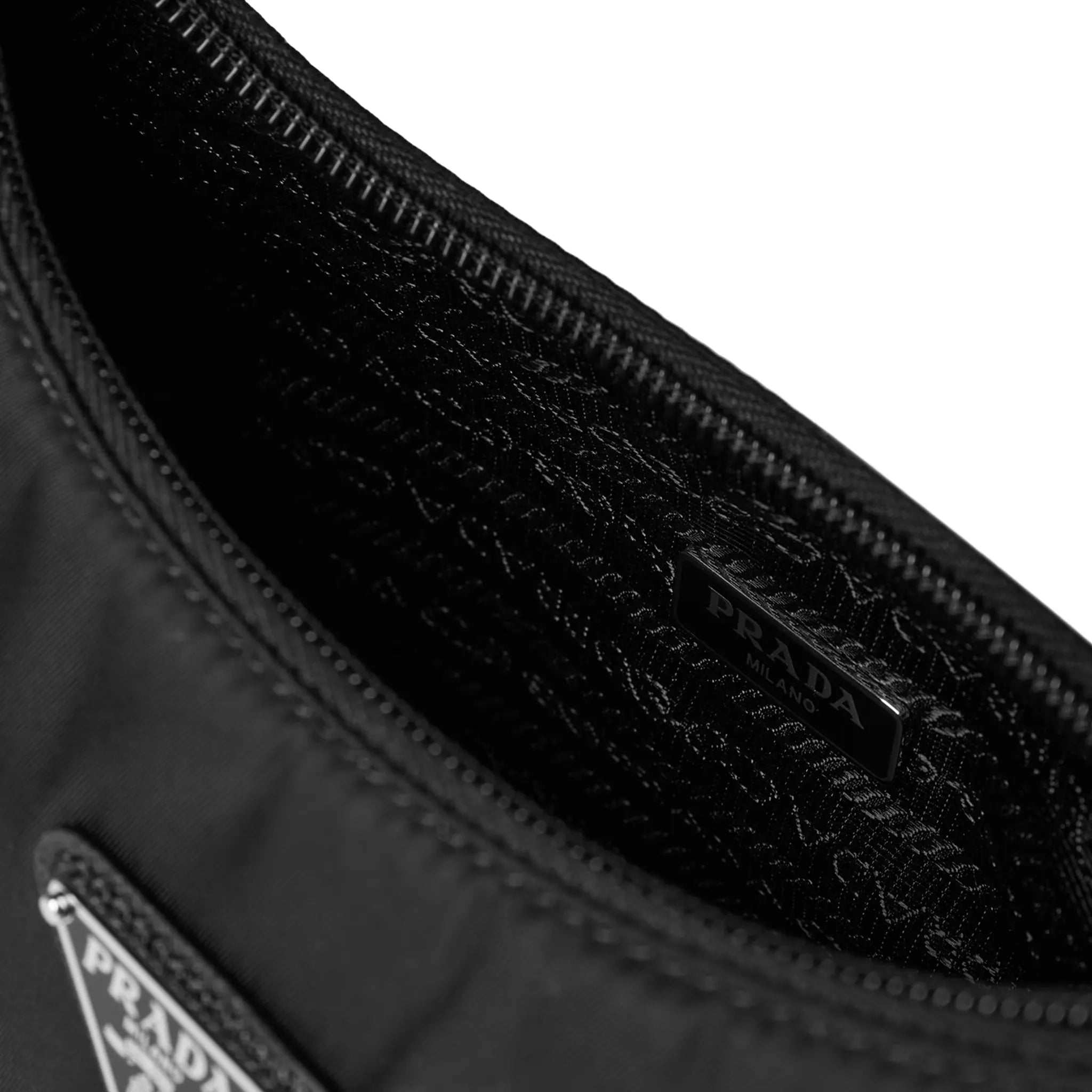 Inside Zip View of Prada Womens Logo Re-Edition 2005 Mini Black Bag 1N204M_R064_F0002