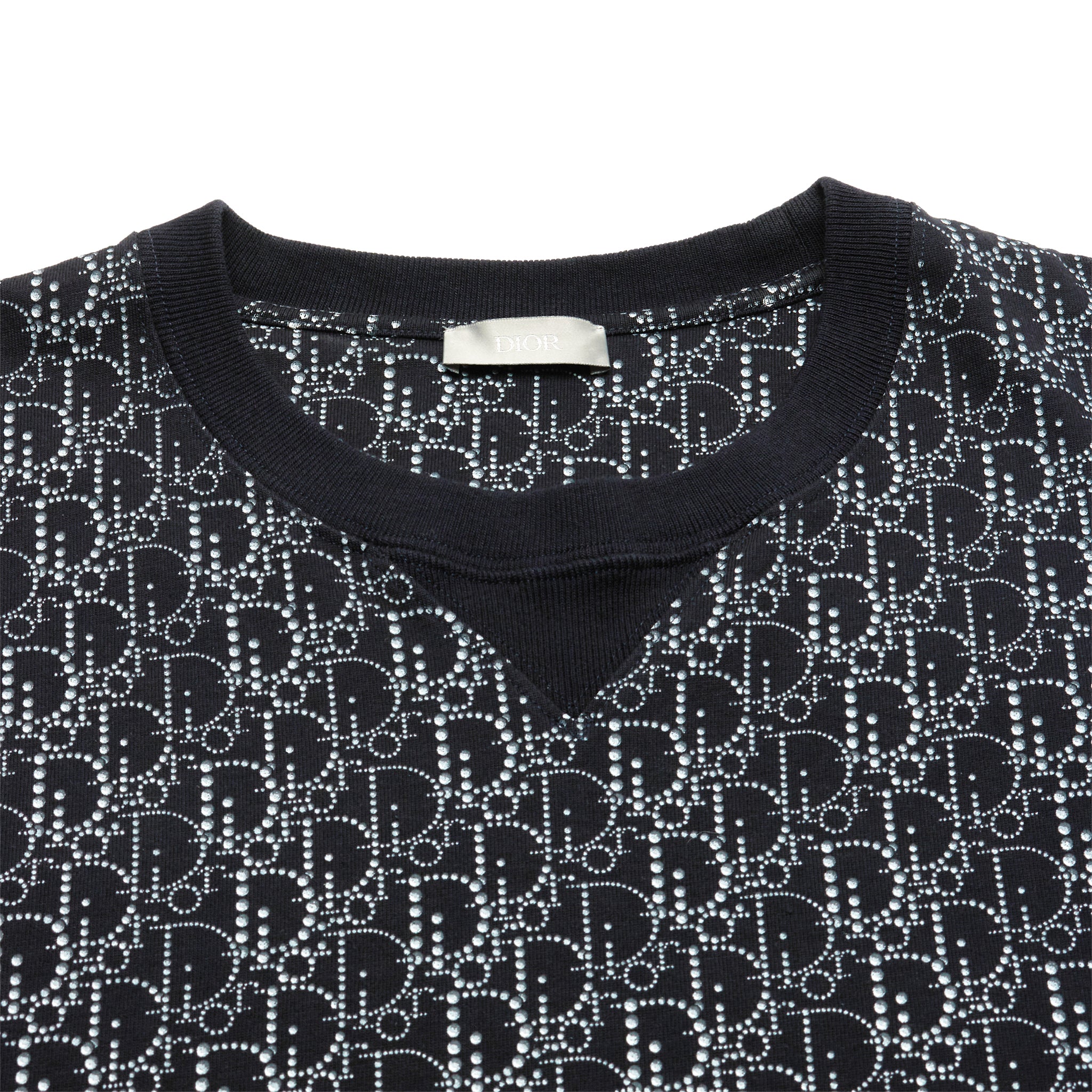 Neck View of Preloved - Dior Oblique Beaded Navy Oversized T-Shirt 043J625C0674_C588