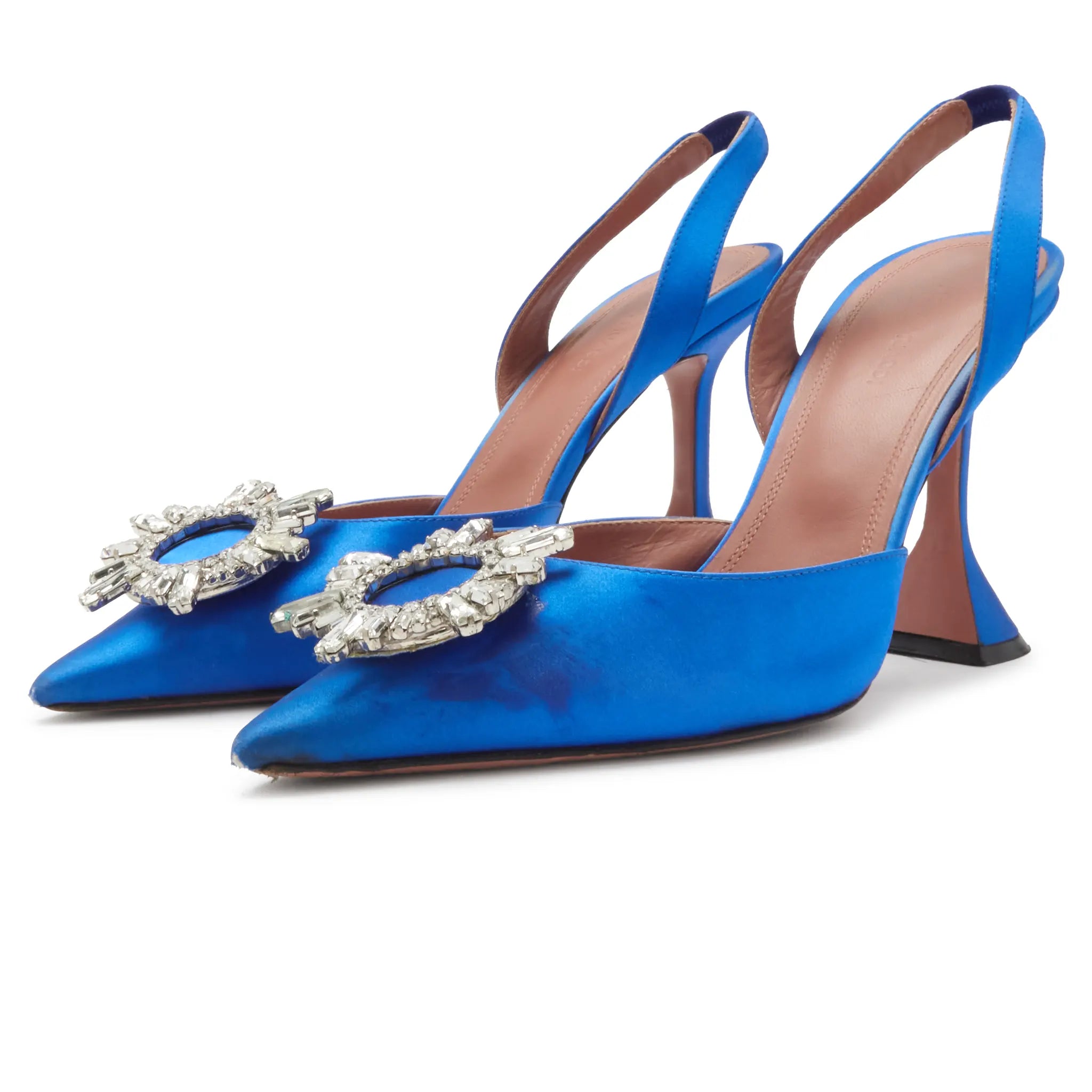 Front Side View of Preloved - Amina Muaddi Begum Satin Blue Slingback Pumps Heels
