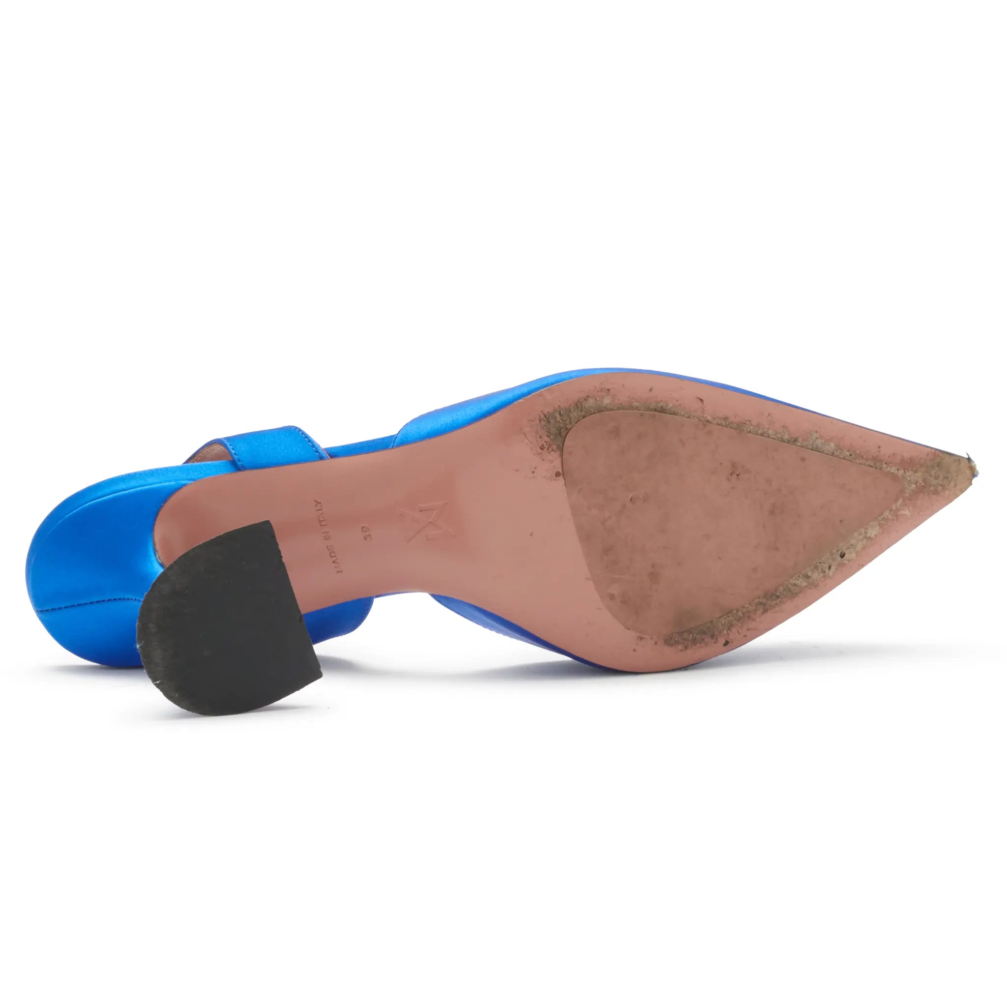 Sole View of Preloved - Amina Muaddi Begum Satin Blue Slingback Pumps Heels