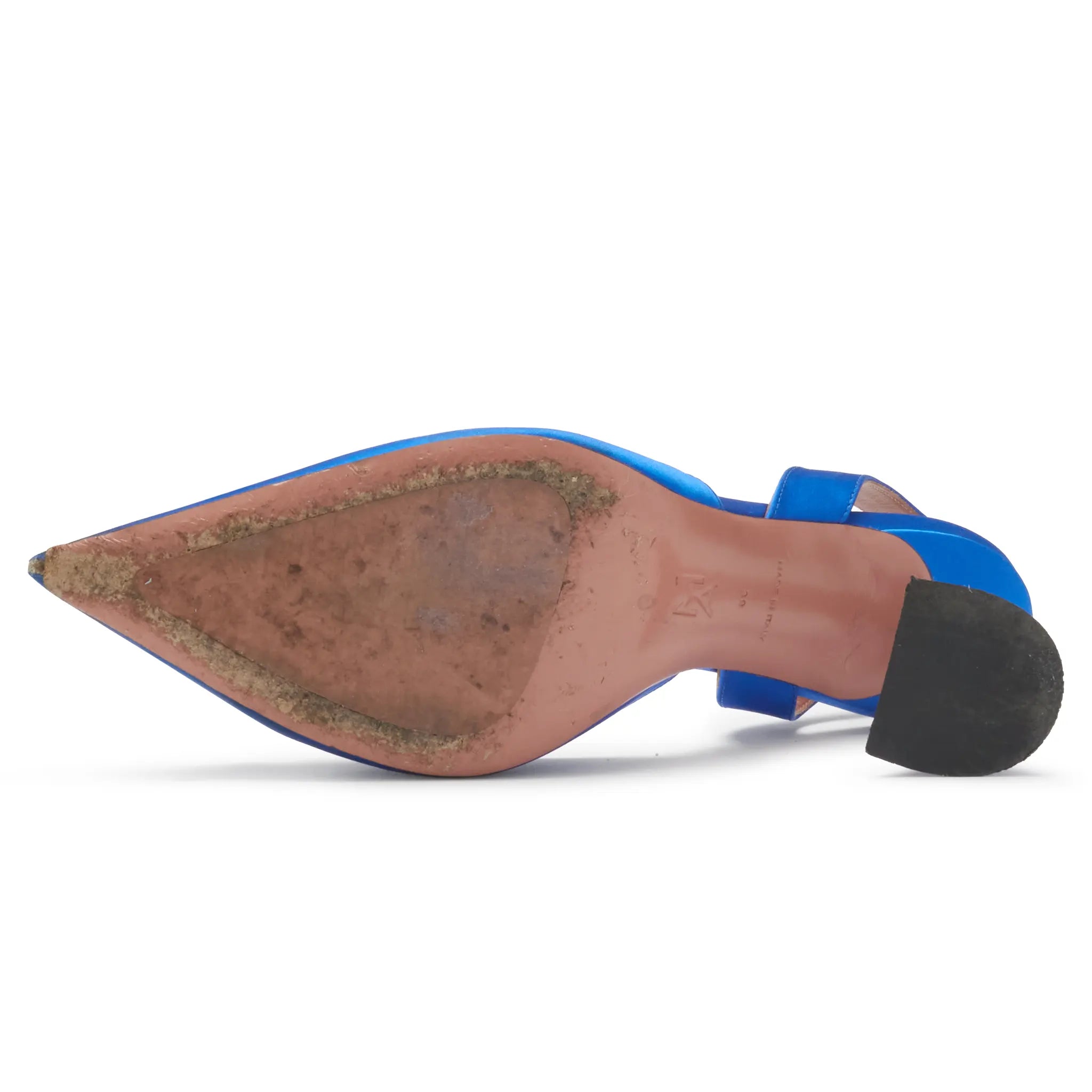 Sole View of Preloved - Amina Muaddi Begum Satin Blue Slingback Pumps Heels