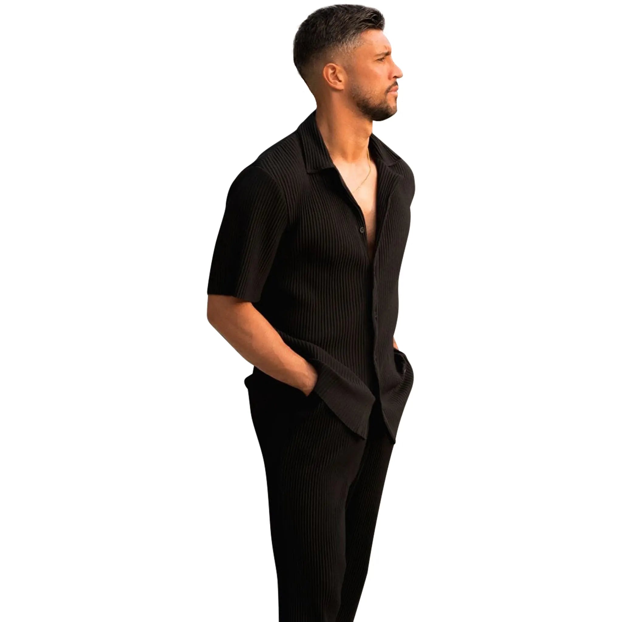 Front Side View of Preloved - Belier Pleated Black Resort Shirt BM073BLK