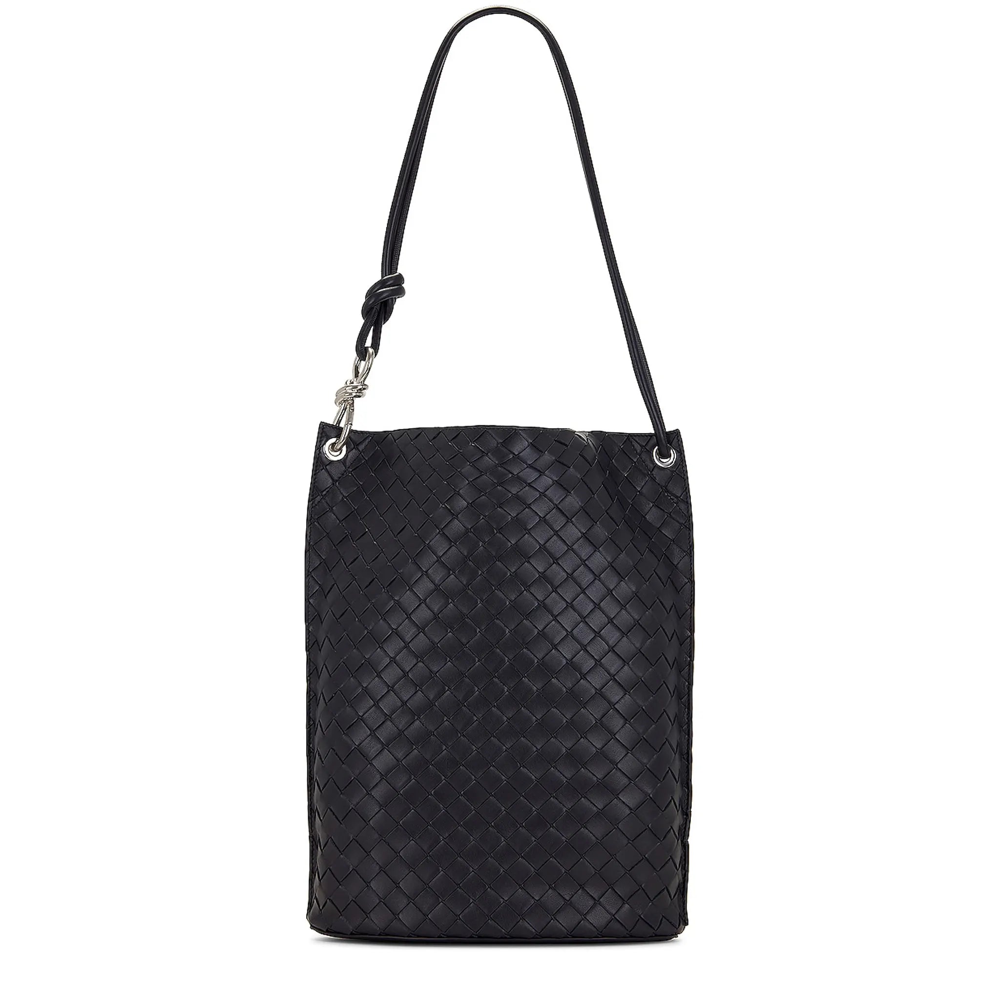 Front View of Preloved - Bottega Veneta Nappa Intrecciato Knot Black Bucket Bag PO2714836E
