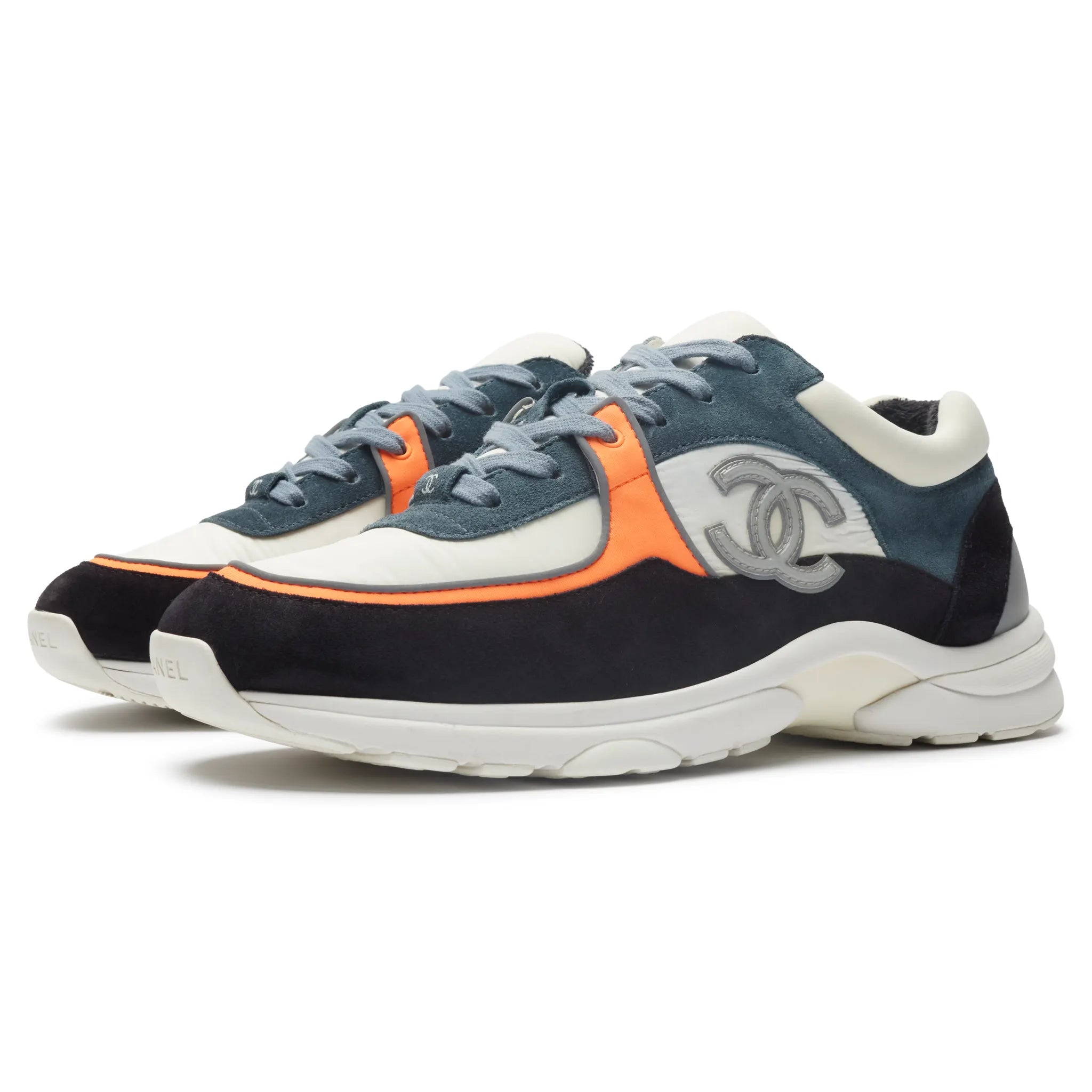 Front Side View of Preloved - Chanel CC Logo Suede Nylon White Orange Blue Sneaker