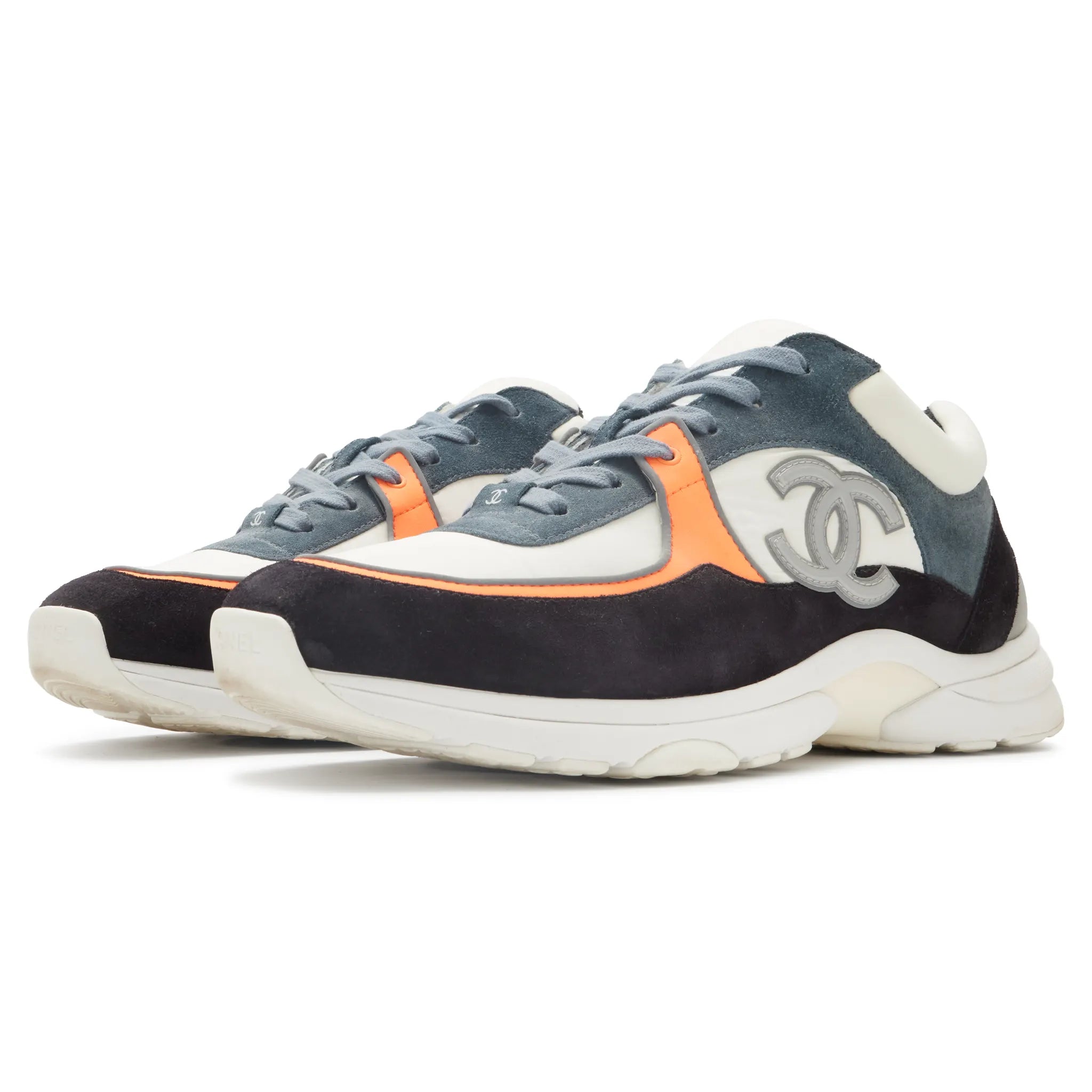 Front Side View of Preloved - Chanel CC Logo Suede Nylon White Orange Blue Sneaker