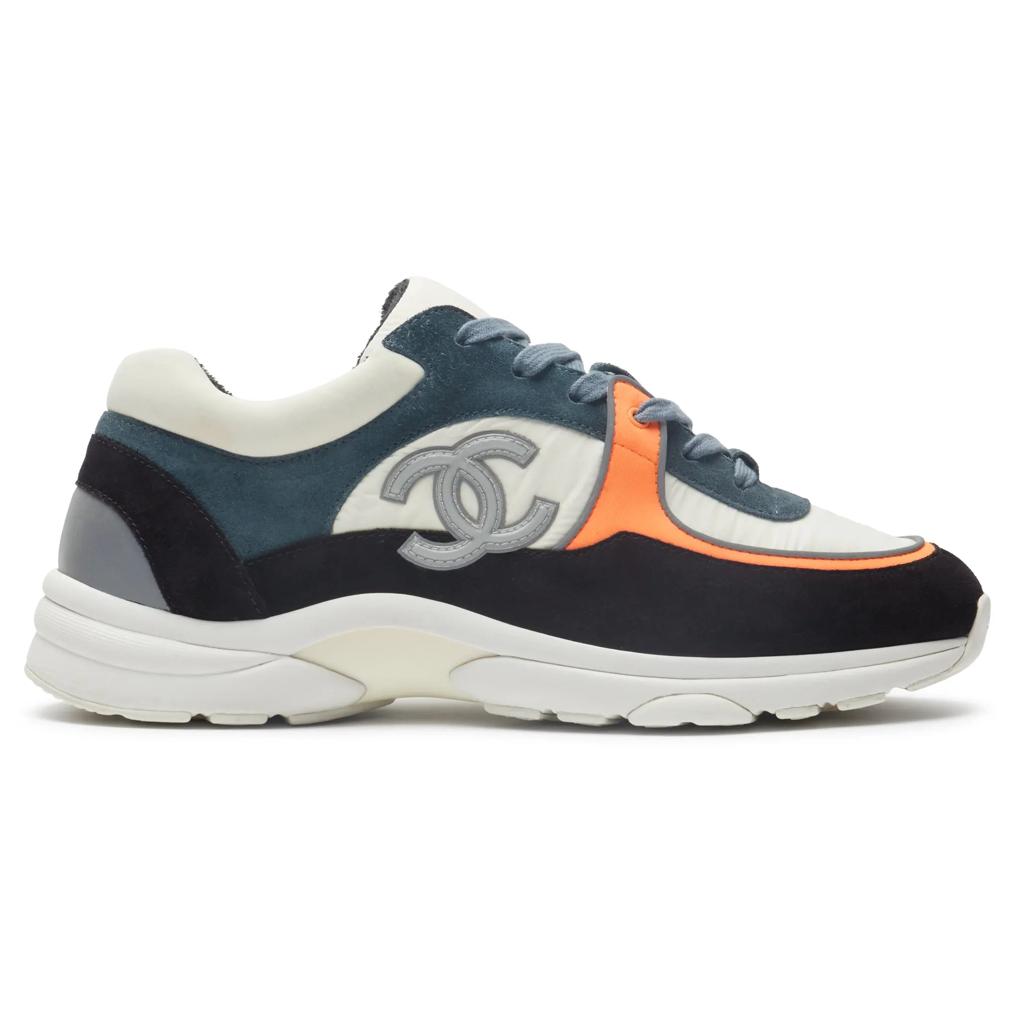 Side View of Preloved - Chanel CC Logo Suede Nylon White Orange Blue Sneaker