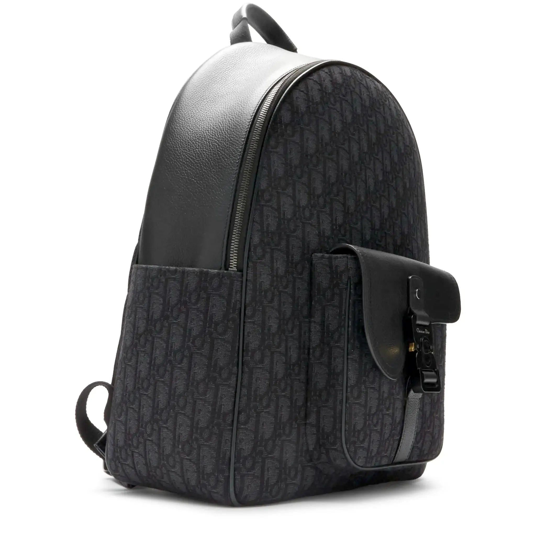 Front Side View of Preloved - Dior Oblique Jacquard And Grained Calfskin Black Saddle Backpack