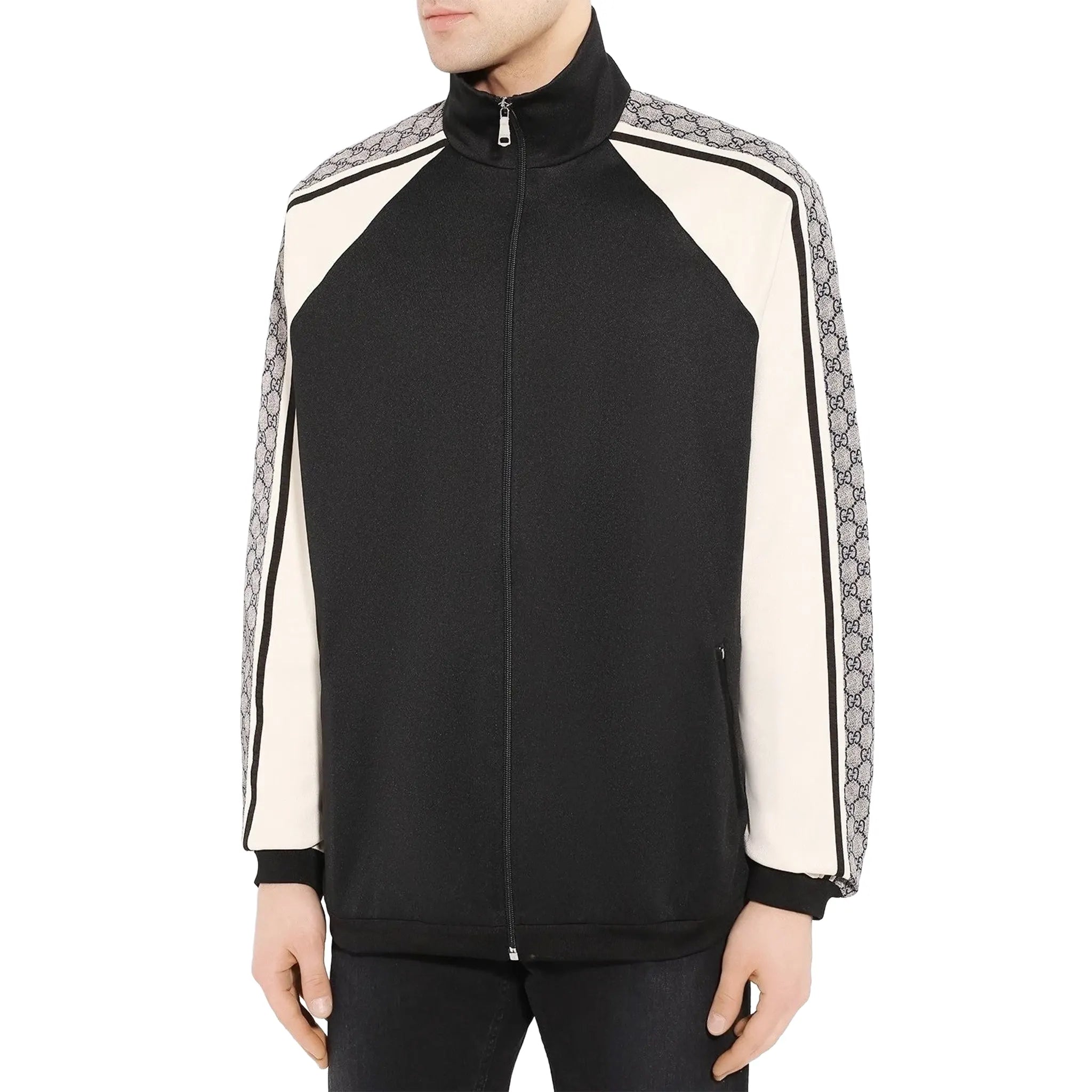 Front View of Preloved - Gucci GG Print Technical Jersey Tapered Black Track Jacket 545601-XJACZ-1093