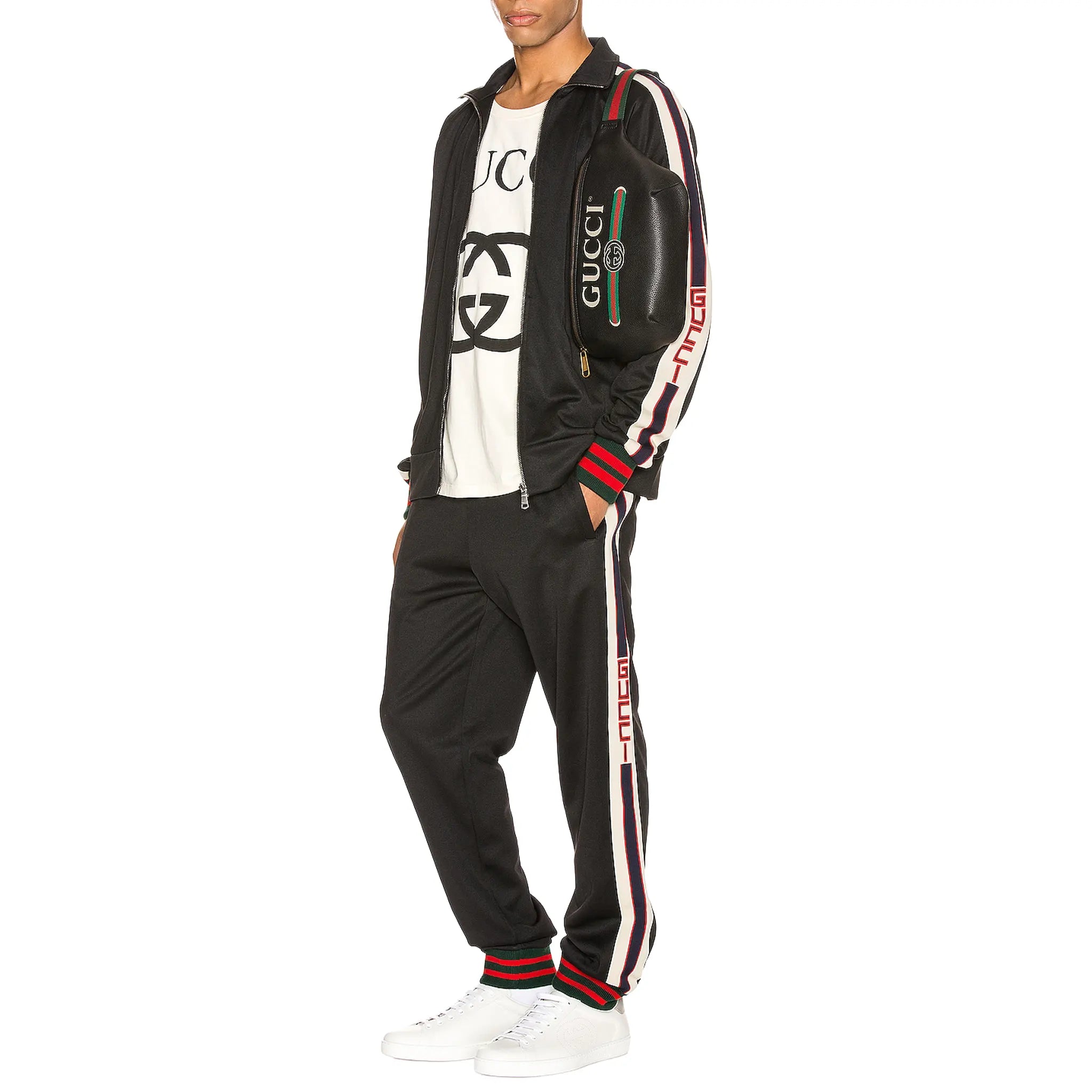 Front Side View of Preloved - Gucci Tape Logo Technical Jersey Black Sweatpants