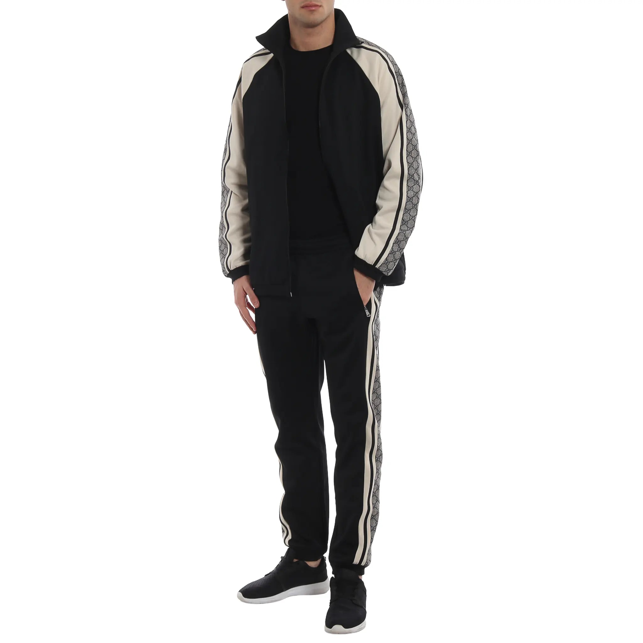 Front View of Preloved - Gucci GG Print Technical Jersey Tapered Black Track Jacket 545601-XJACZ-1093