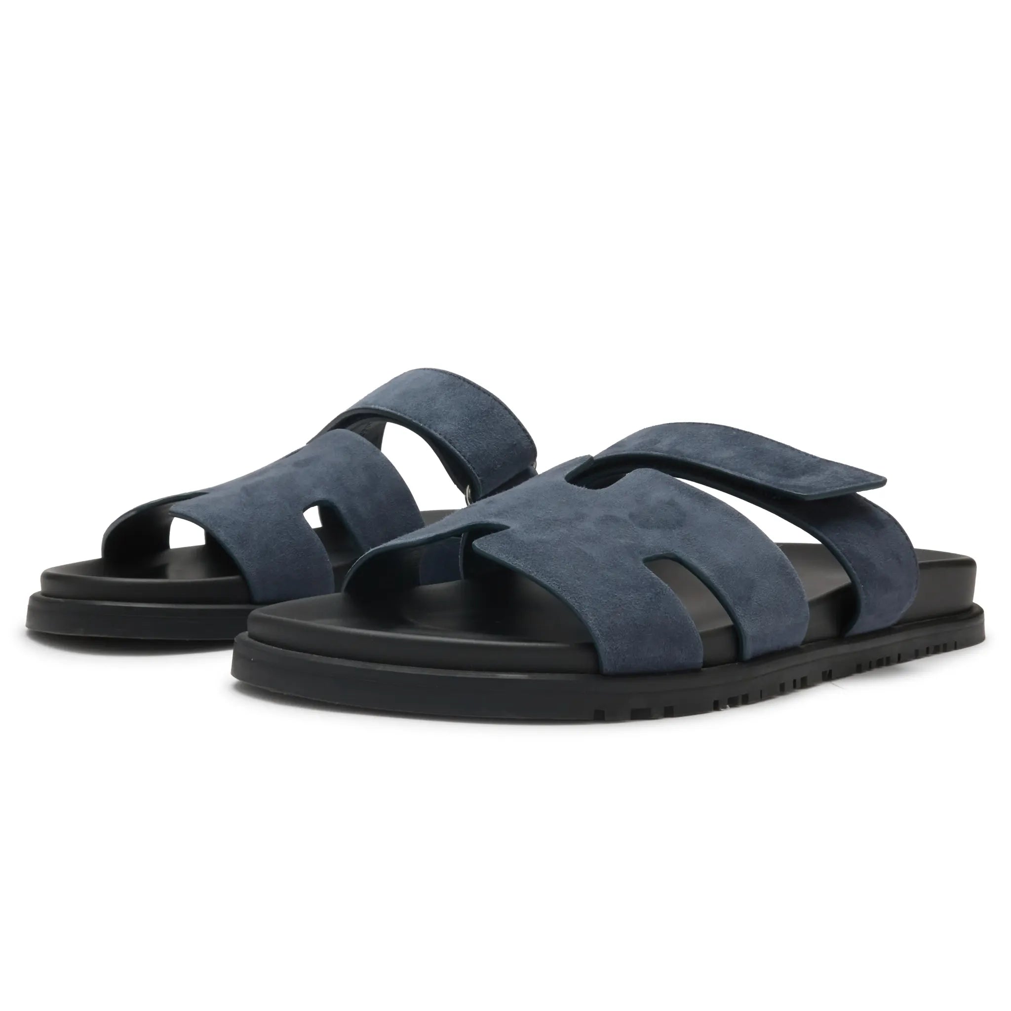 Front Side View of Preloved - Hermes Paris Chypre Suede Blue Sandals
