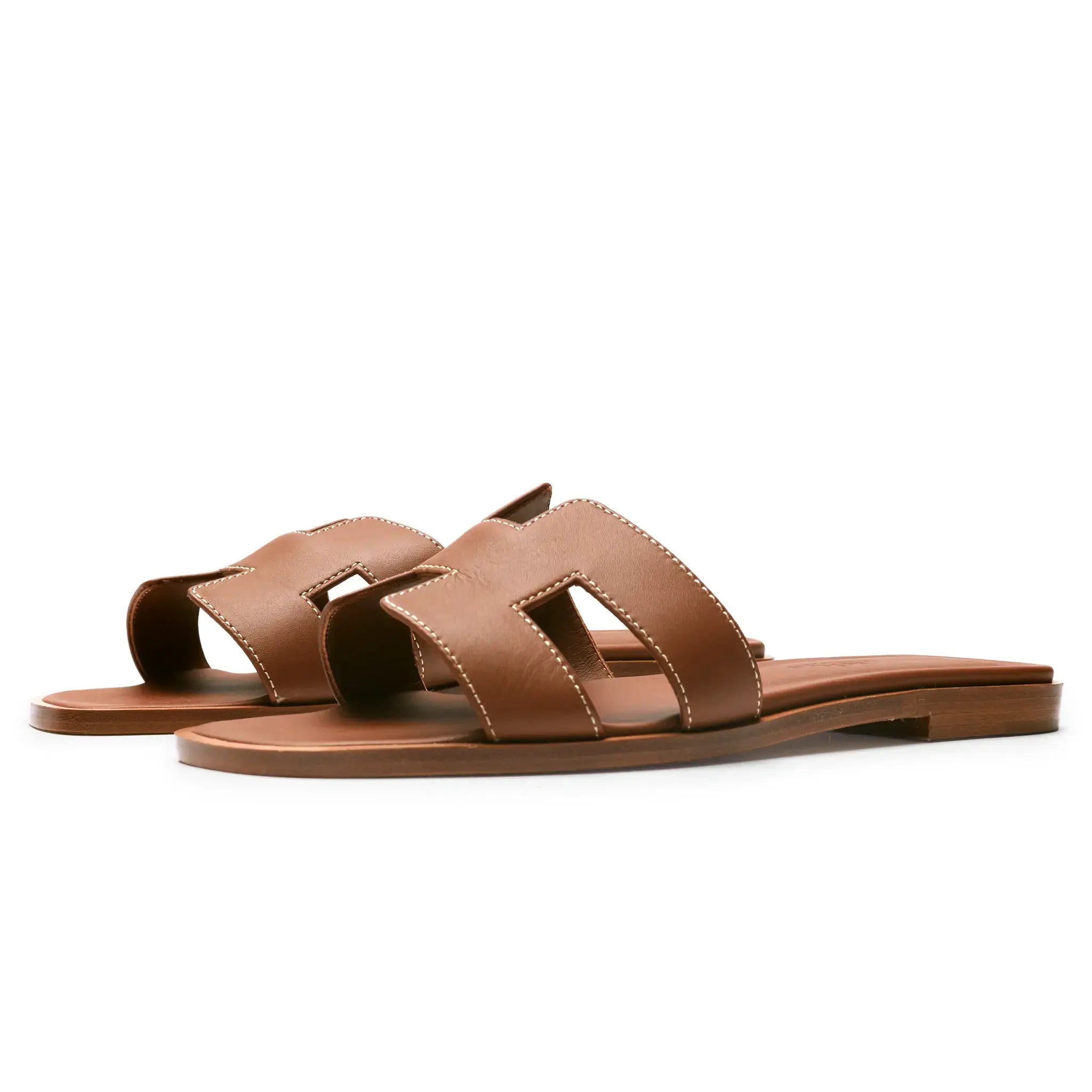 Front Side View of Hermes Paris Oran Gold Sandal (Minor Dents)