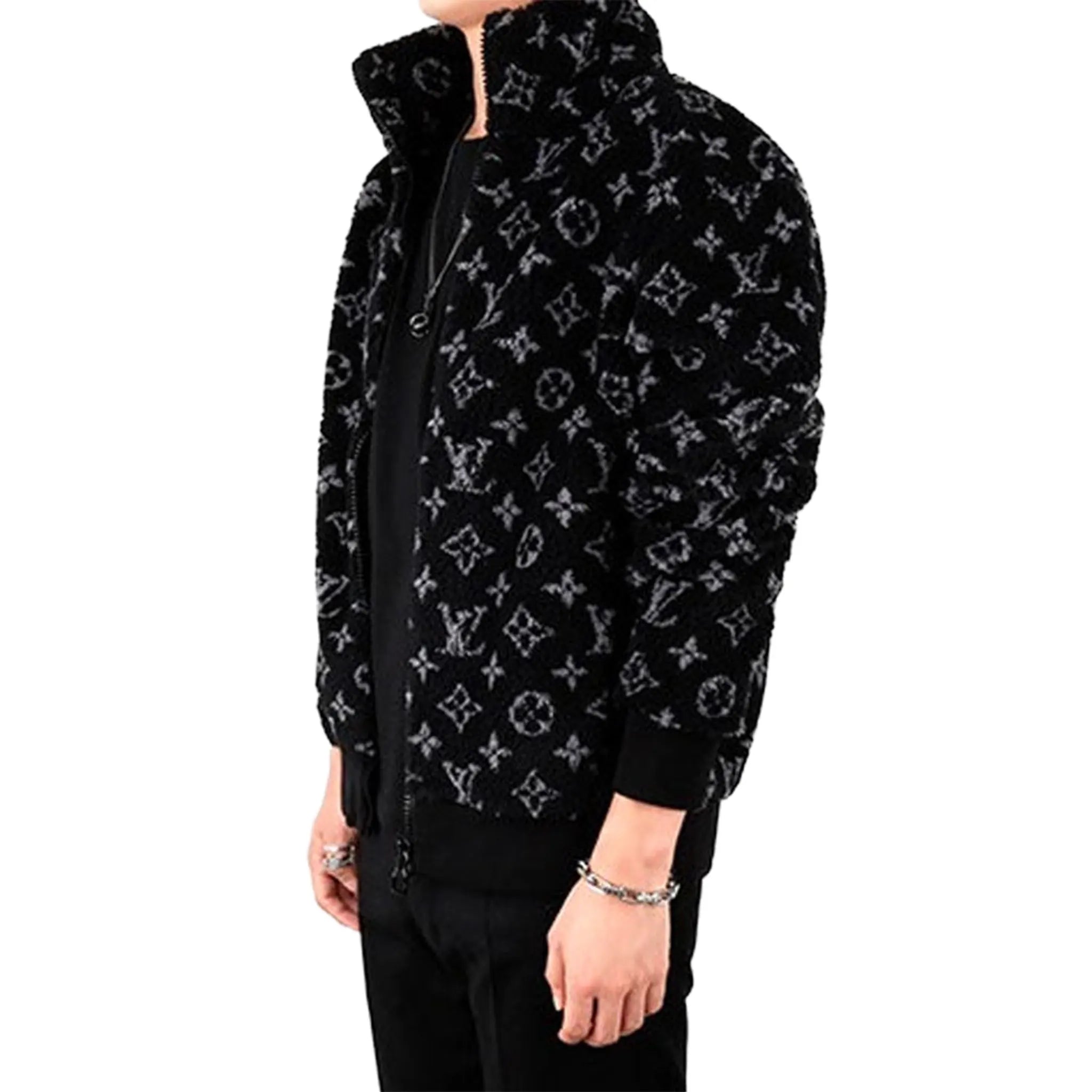 Front Side View of Preloved - Louis Vuitton Monogram Fleece Black Grey Zip-Up Jacket