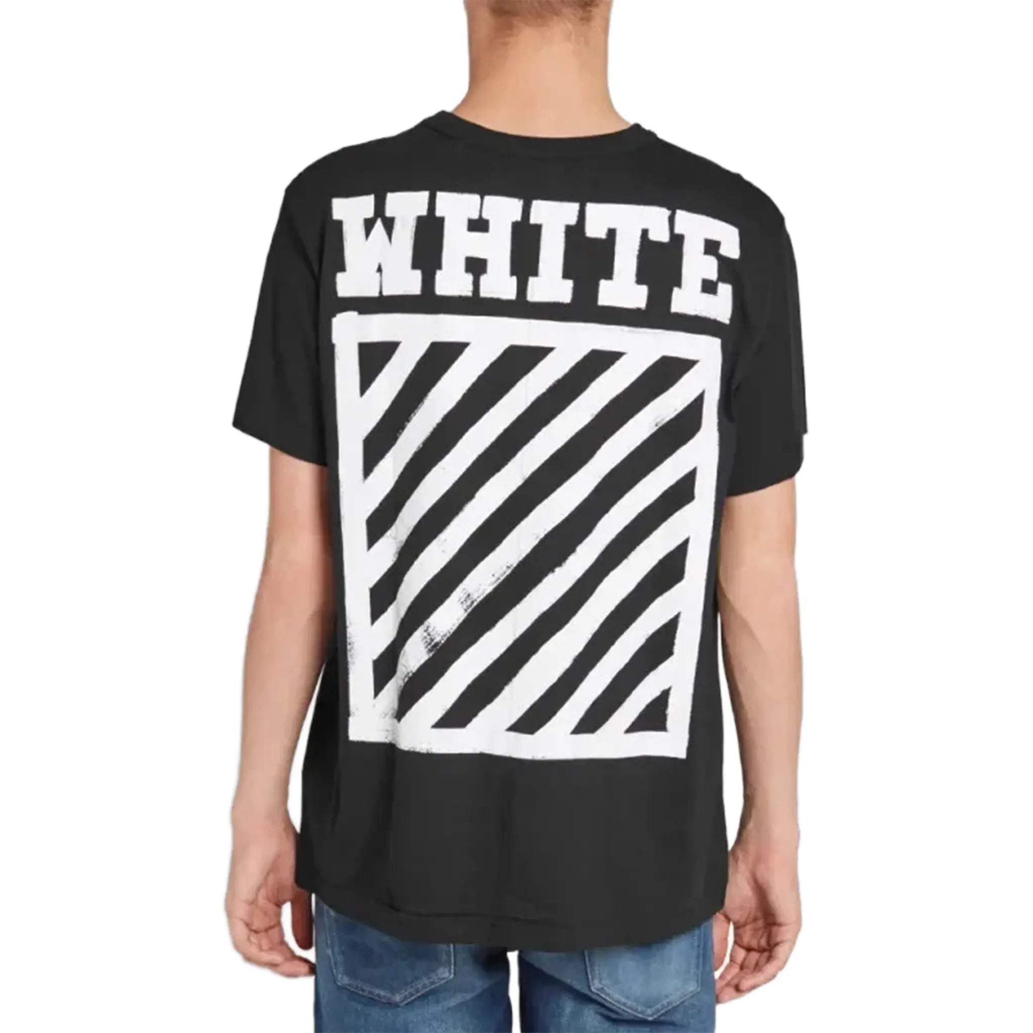Model Back View of Preloved - Off-White Brushed Diagonal Black T-Shirt