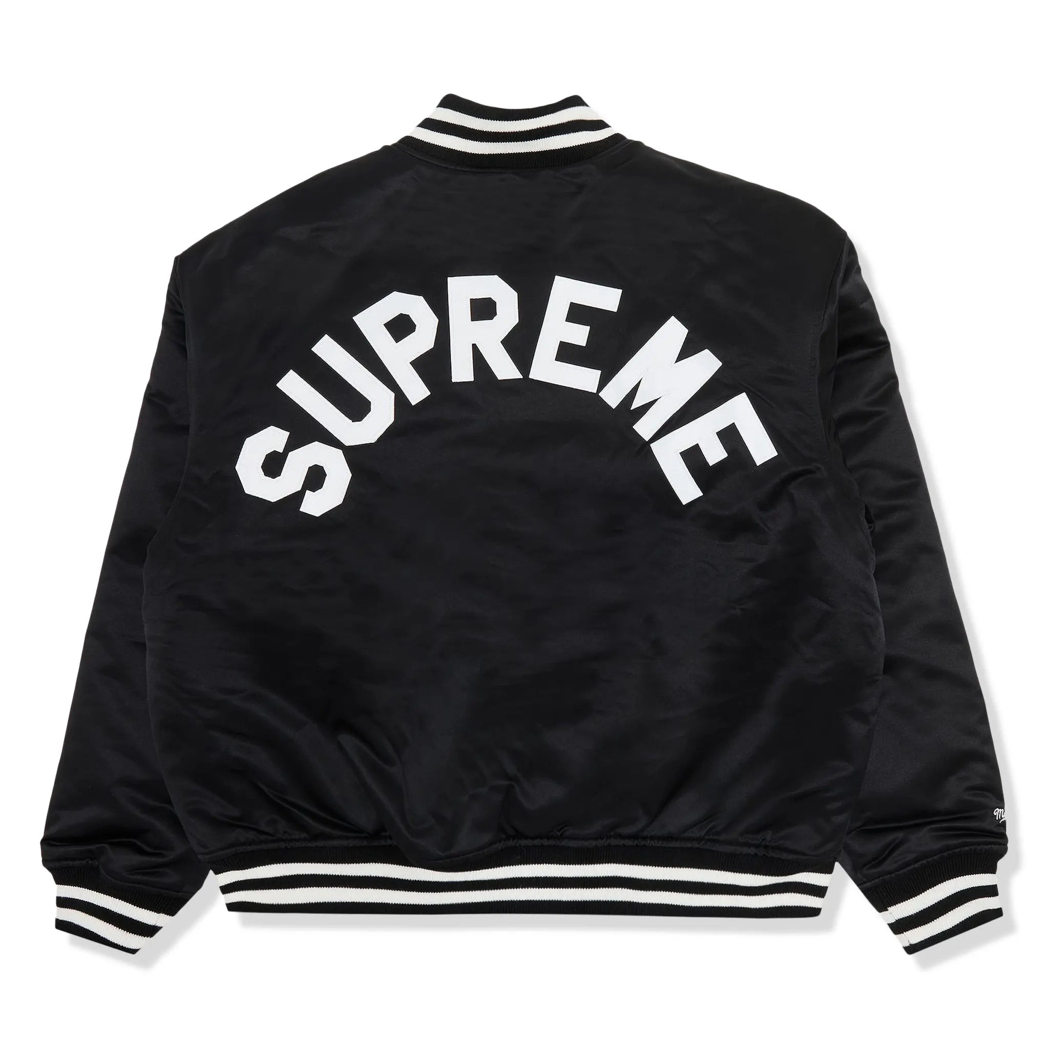 Back View of Preloved - Supreme x Mitchell & Ness Satin Varsity Black Jacket