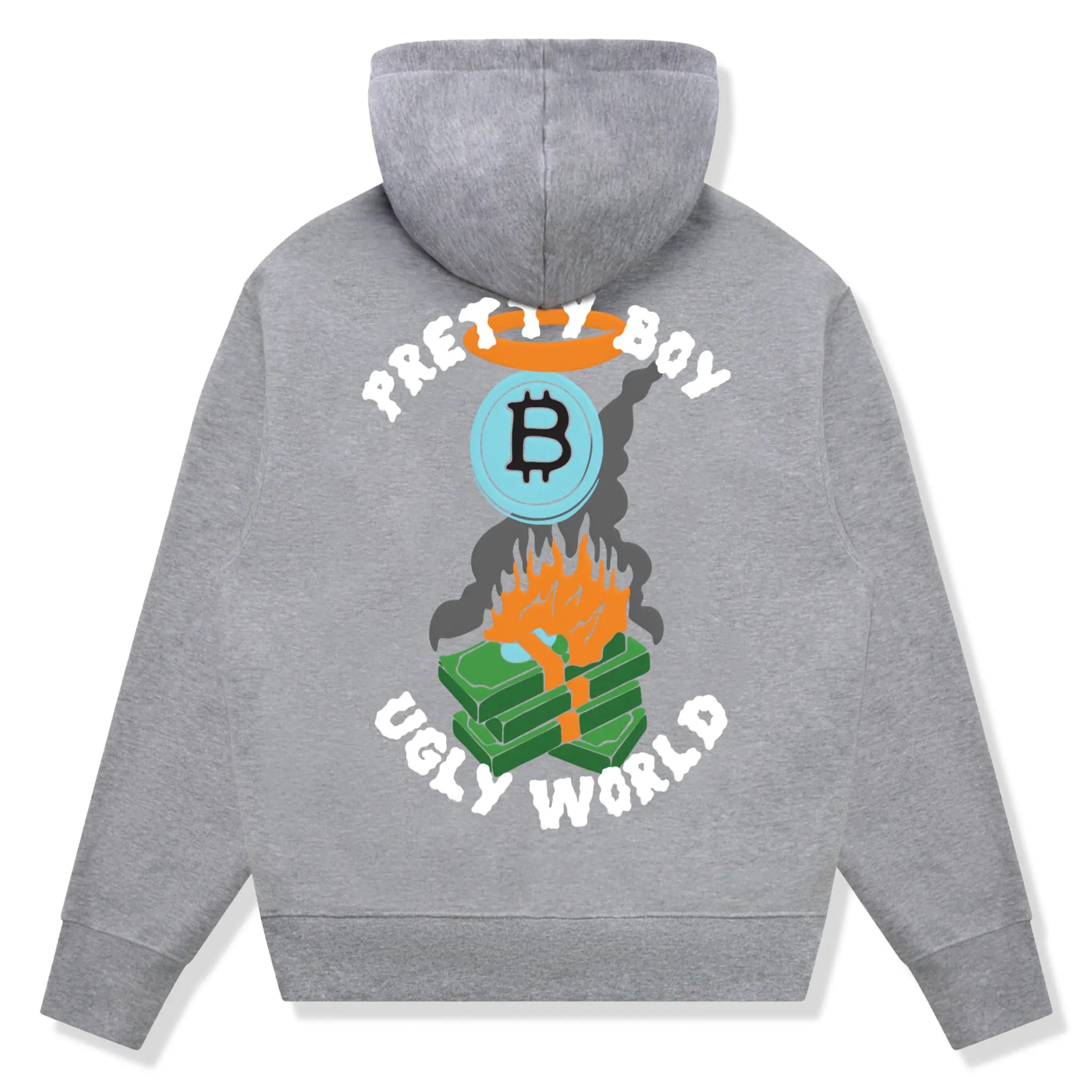 Back View of Pretty Boy Ugly World Bitcoin Grey Hoodie 310102390