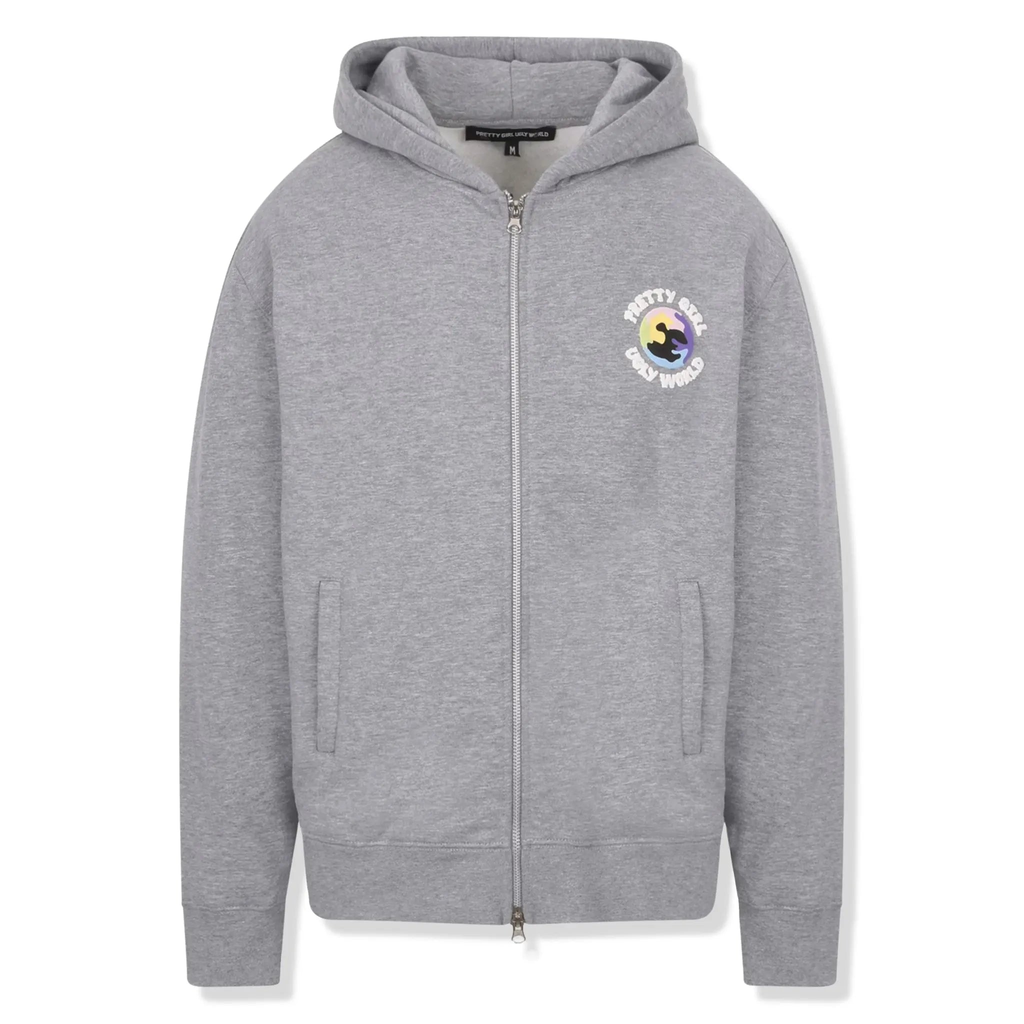 Front View of Pretty Girl Ugly World Zip-Up Grey Hoodie (W) 504502350