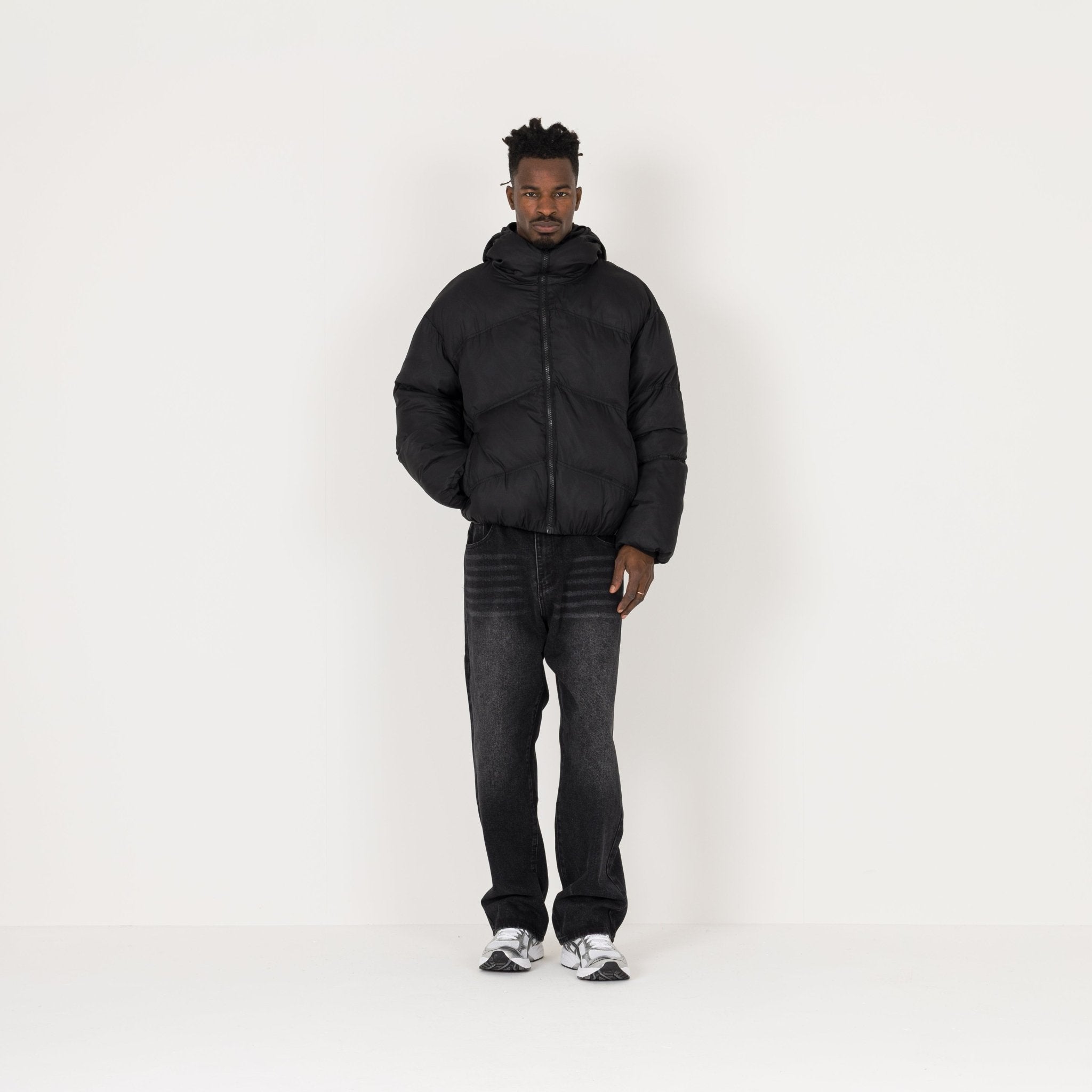 Model view of Destructive Insulated Black Puffer Jacket