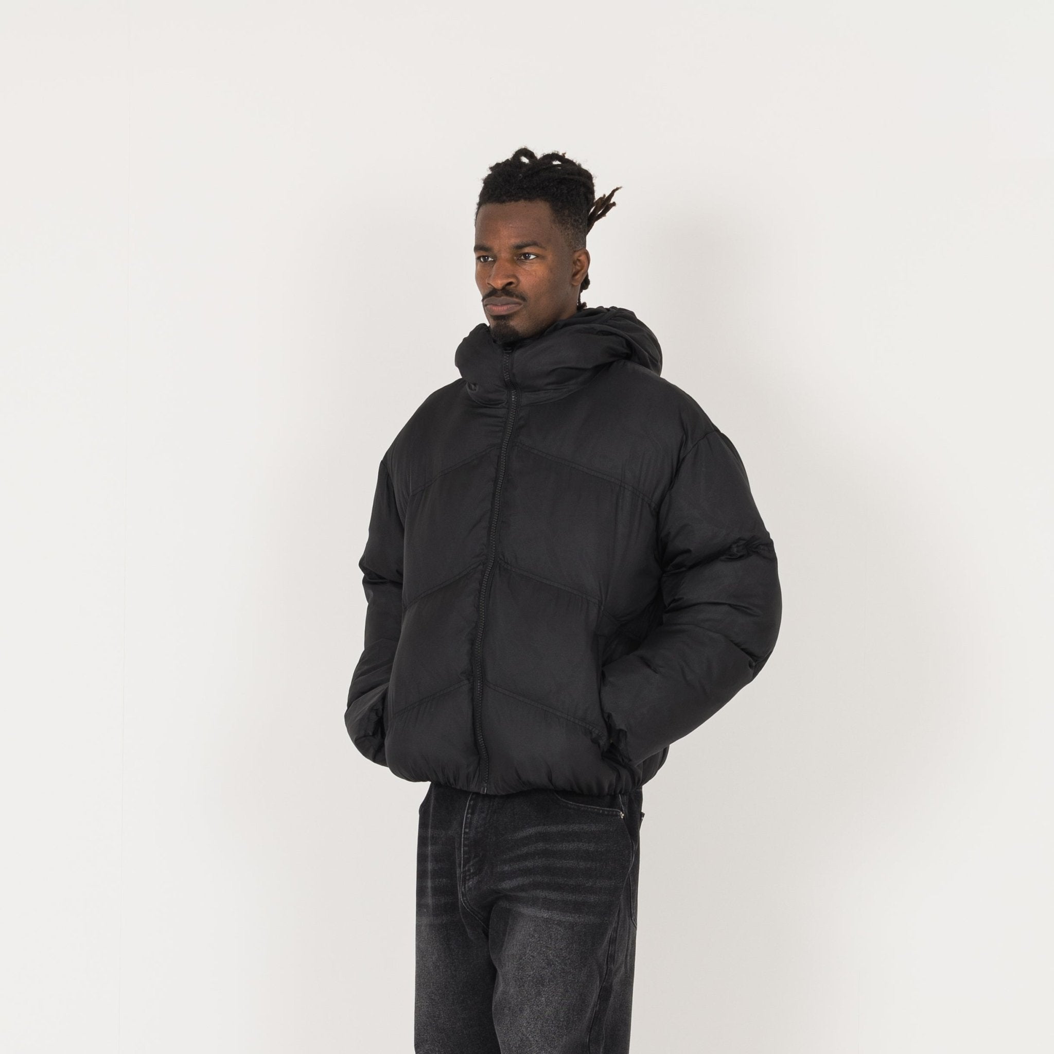 Model view of Destructive Insulated Black Puffer Jacket
