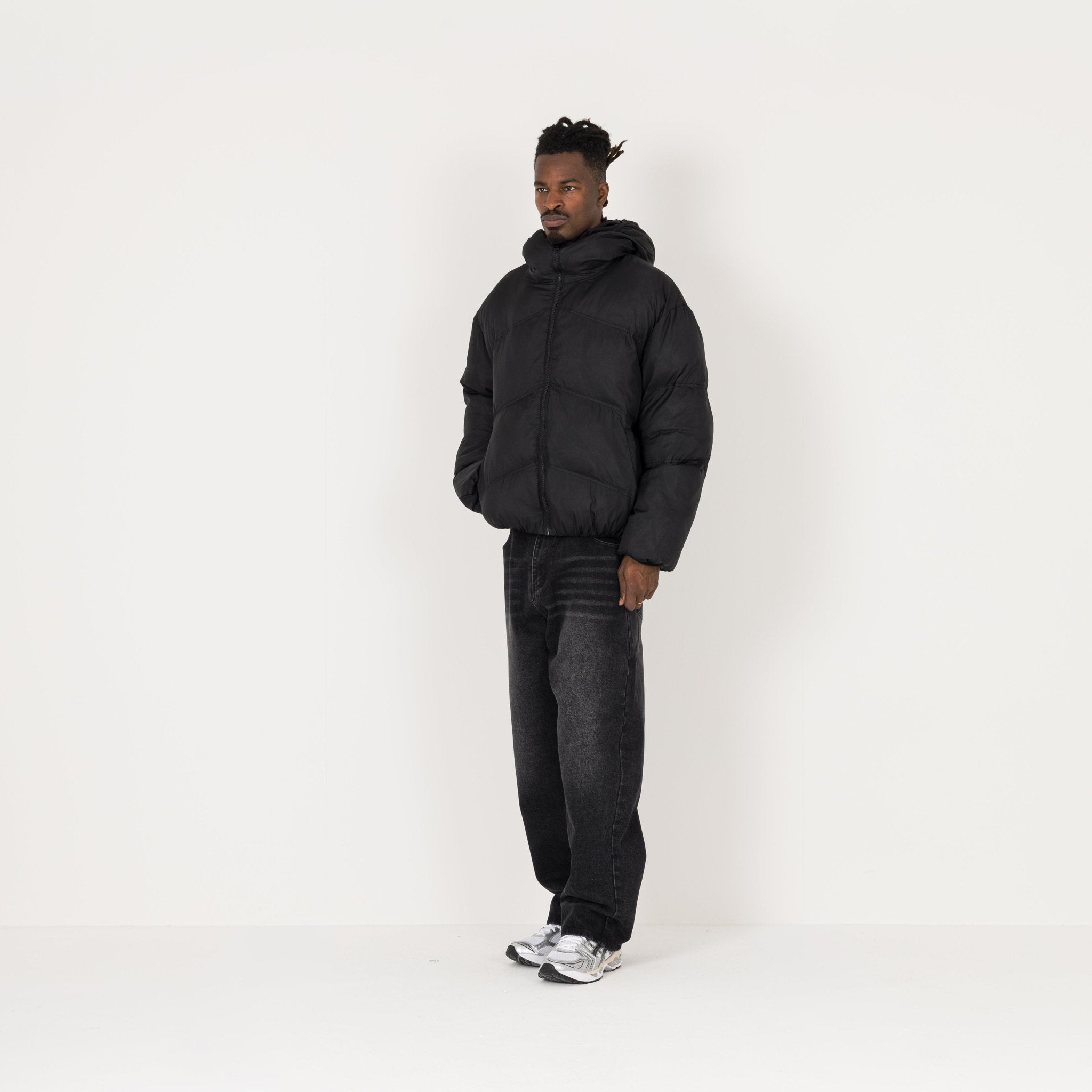 Model view of Destructive Insulated Black Puffer Jacket