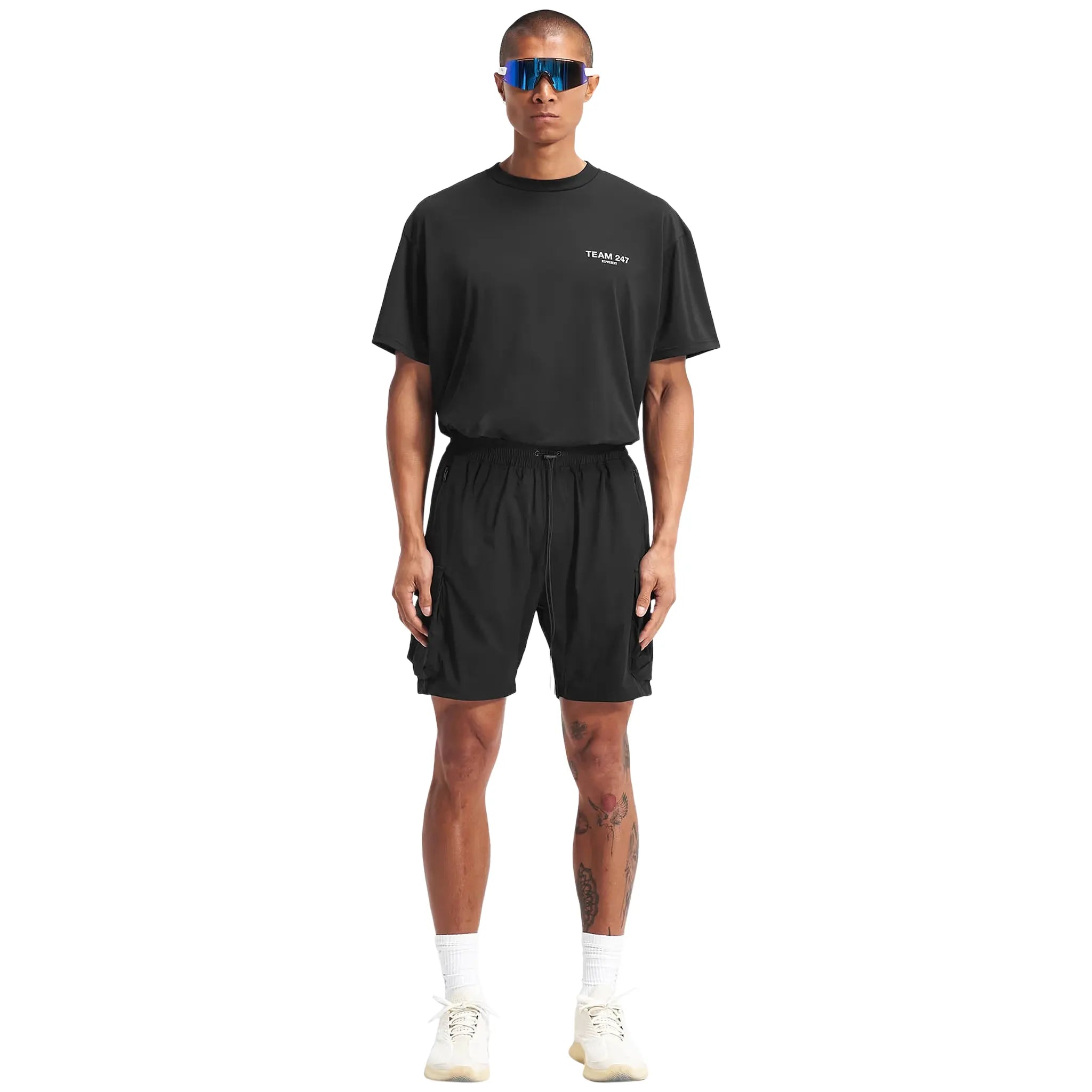 Model Front view of Represent 247 Black Shorts M09048-01