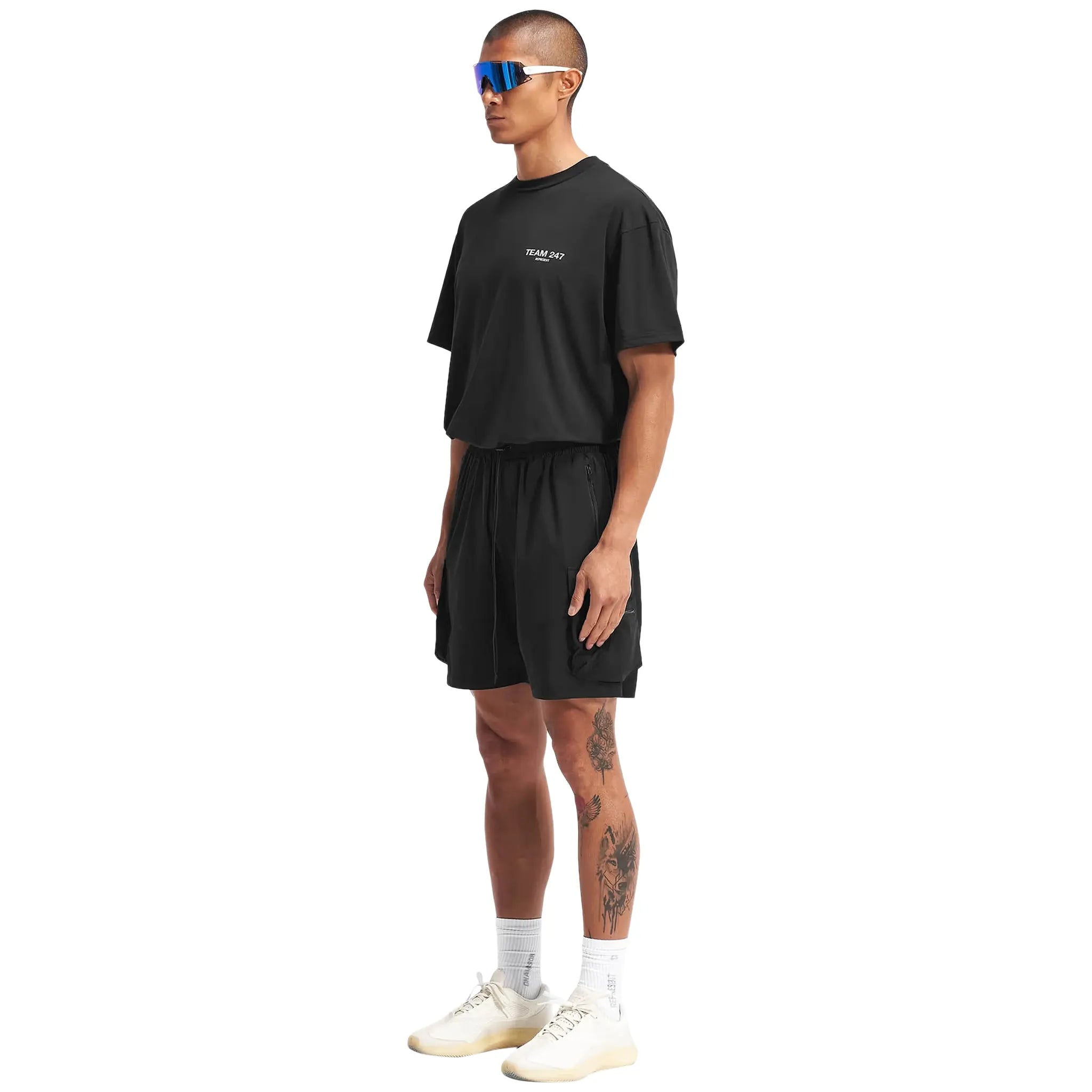 Model Side view of Represent 247 Black Shorts M09048-01