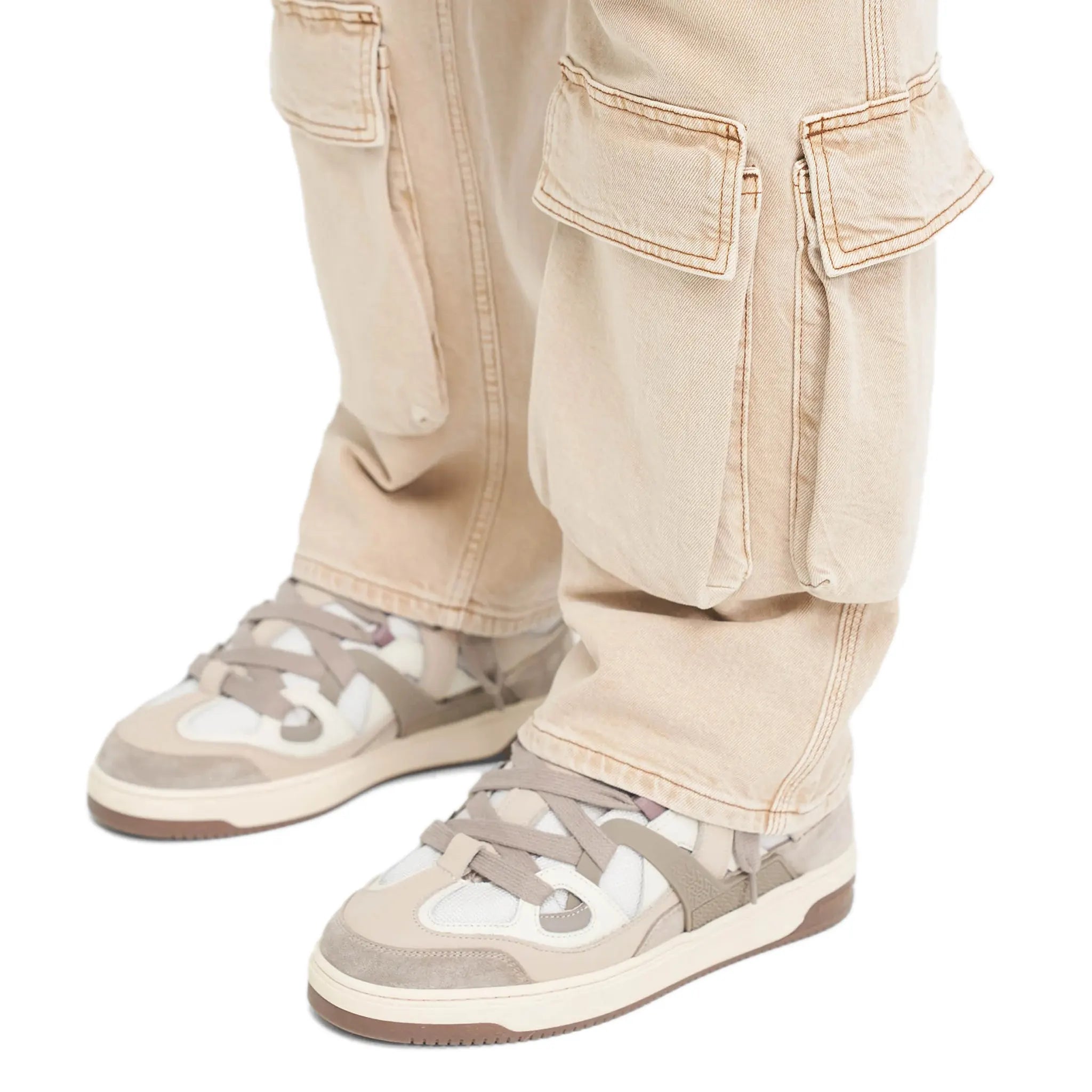 Model view of Represent Bully Panelled Canvas Washed Taupe Cashmere Sneakers MF9017-443