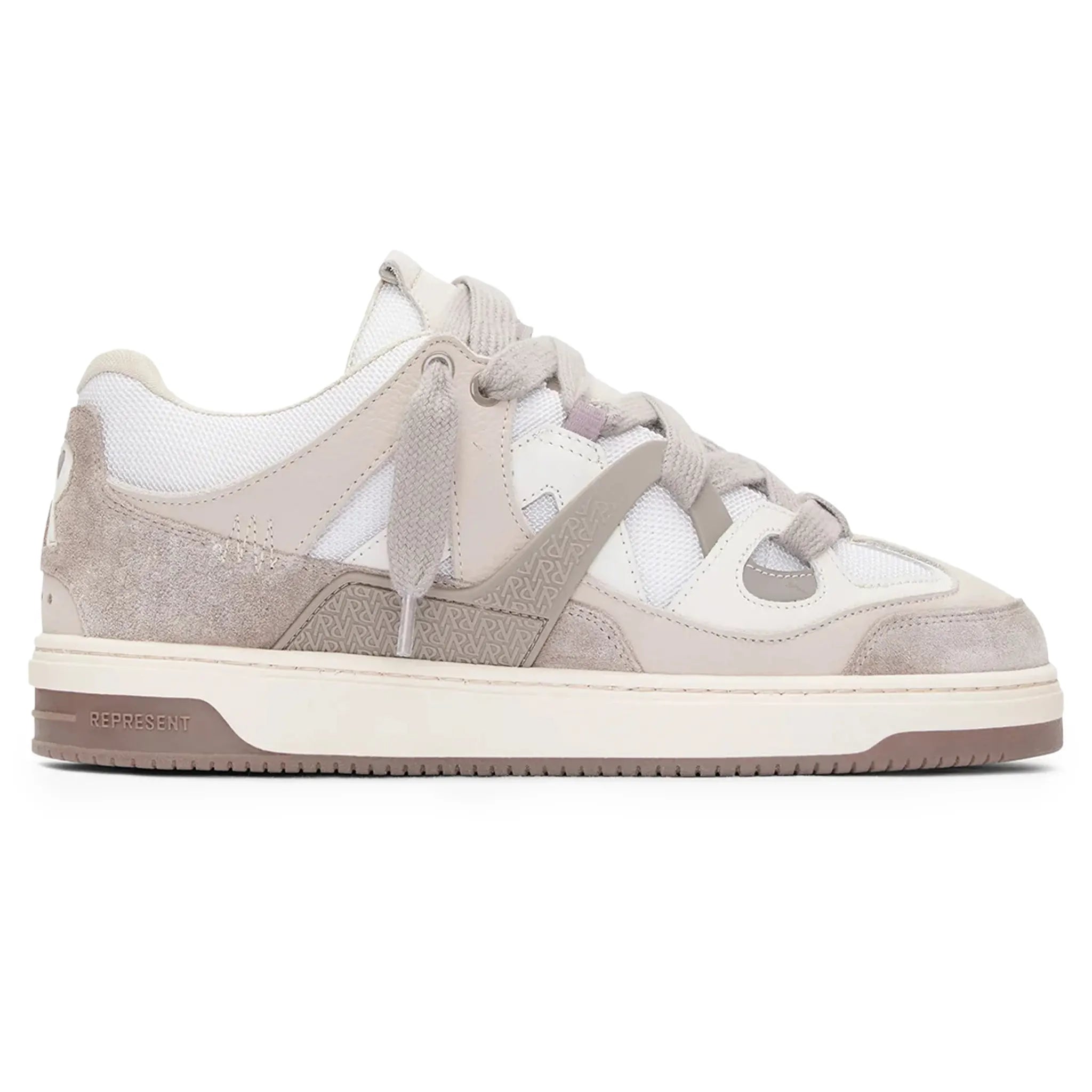 Side view of Represent Bully Panelled Canvas Washed Taupe Cashmere Sneakers MF9017-443
