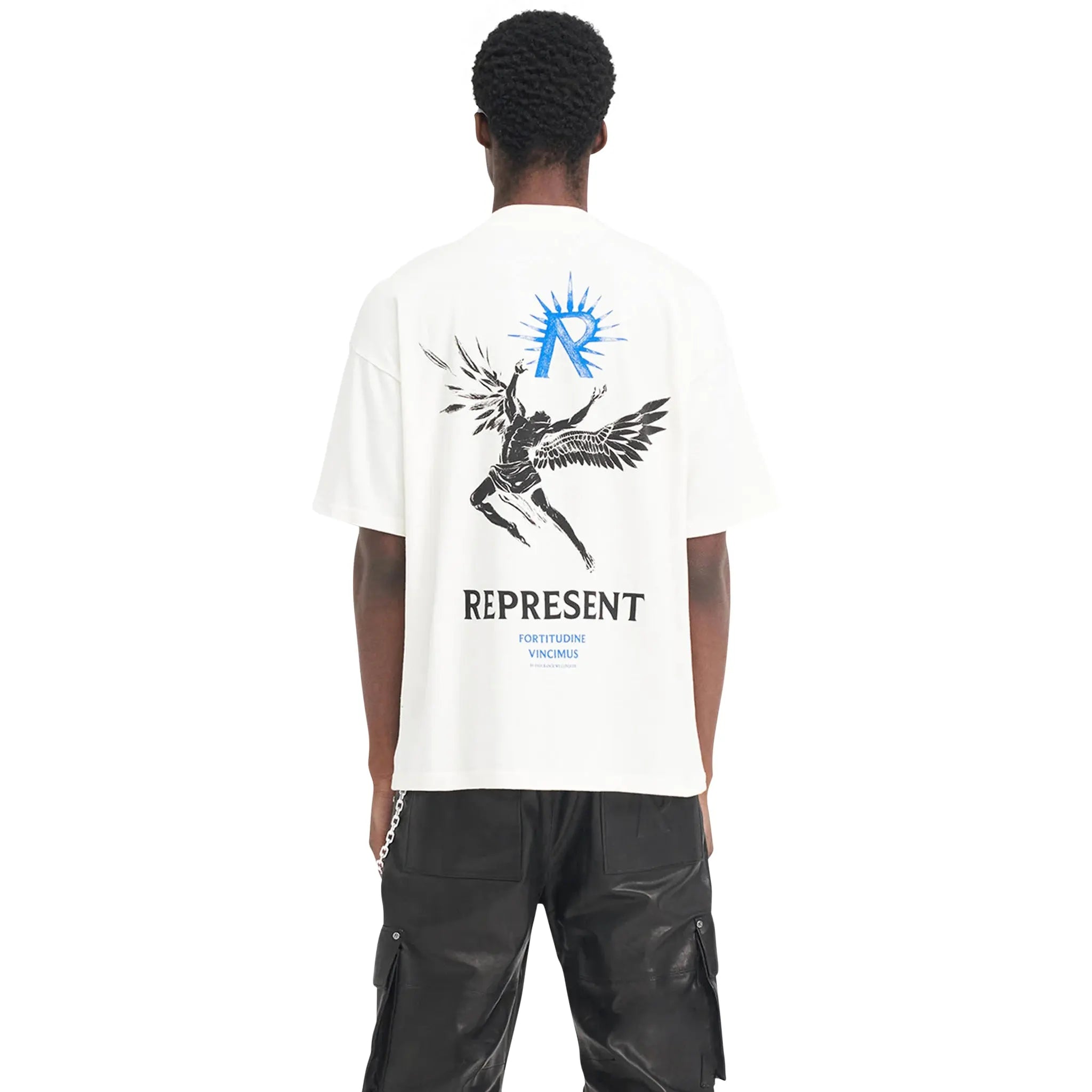 Model Back view of Represent Icarus Flat White T Shirt MLM467-72