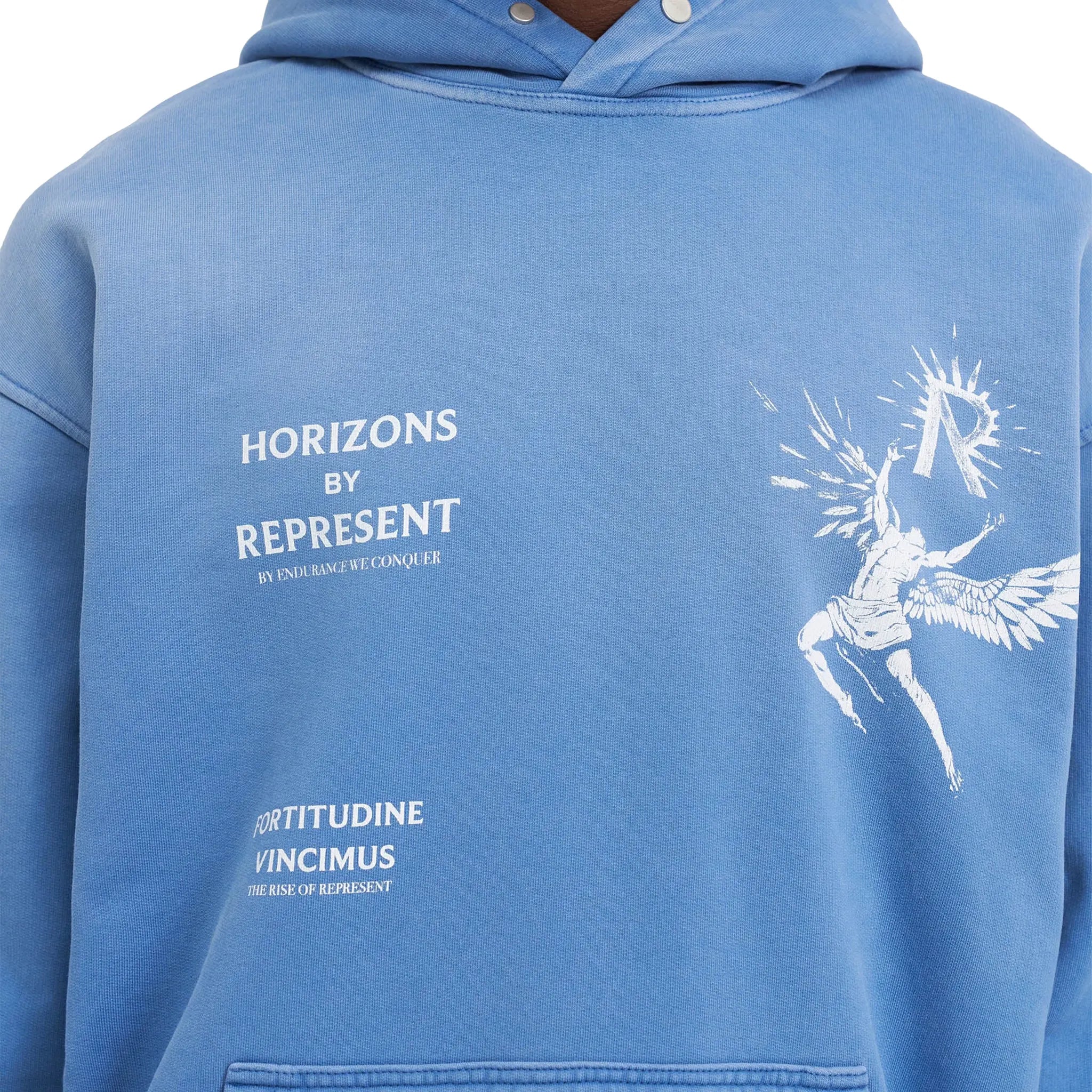 Model front detail view of Represent Icarus Sky Blue Hoodie MLM468-432
