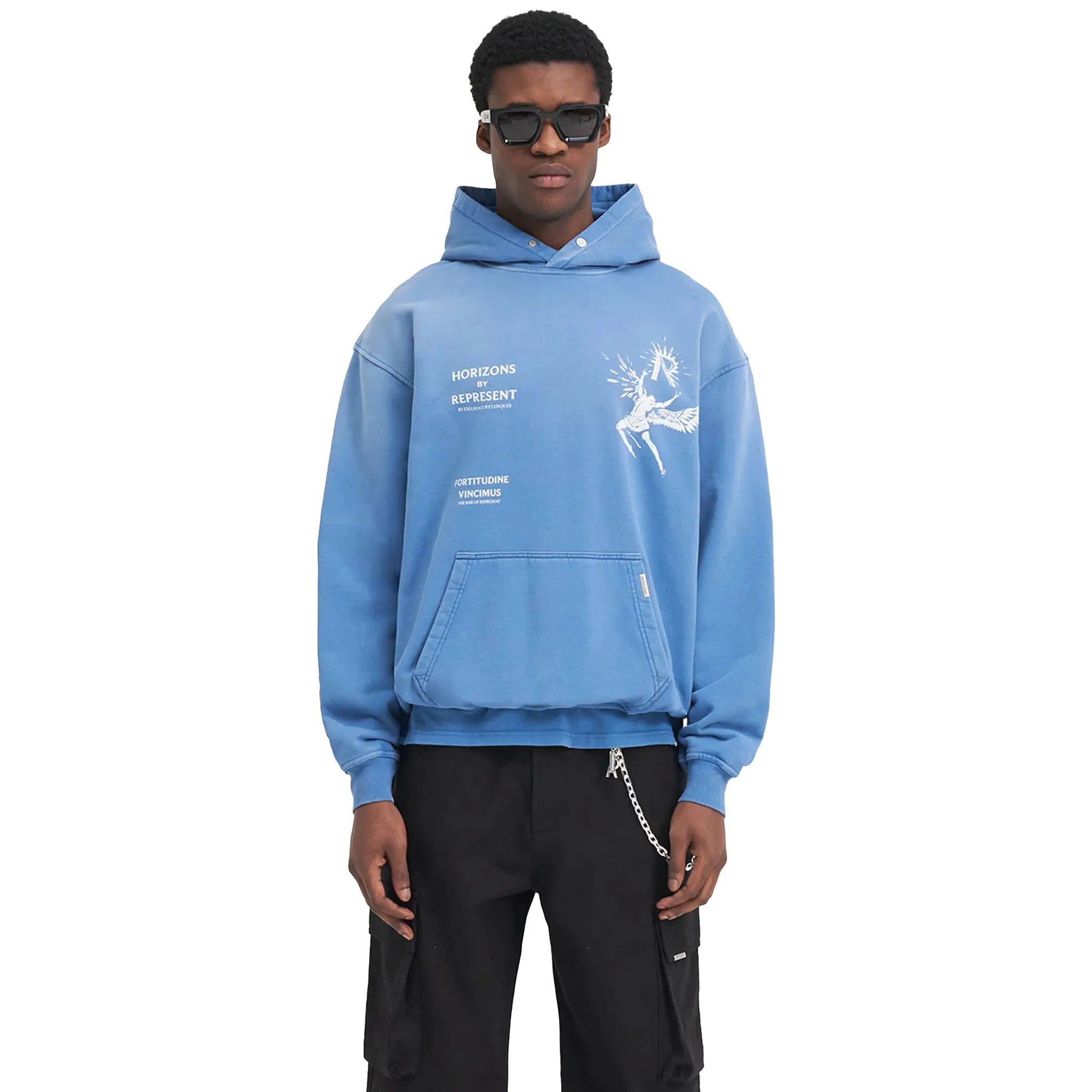 Model front view of Represent Icarus Sky Blue Hoodie MLM468-432