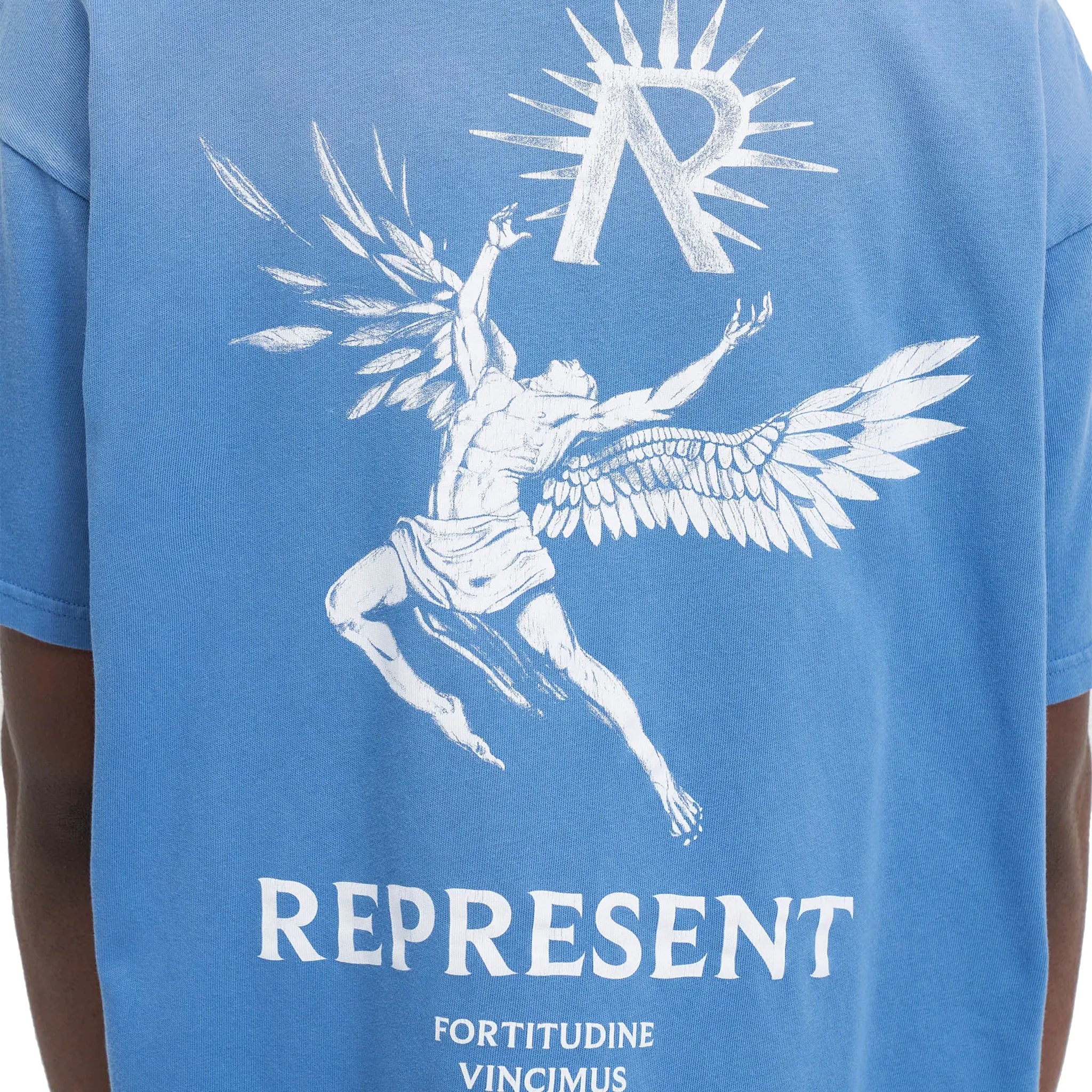 Back detail view of Represent Icarus Sky Blue T Shirt MLM467-432