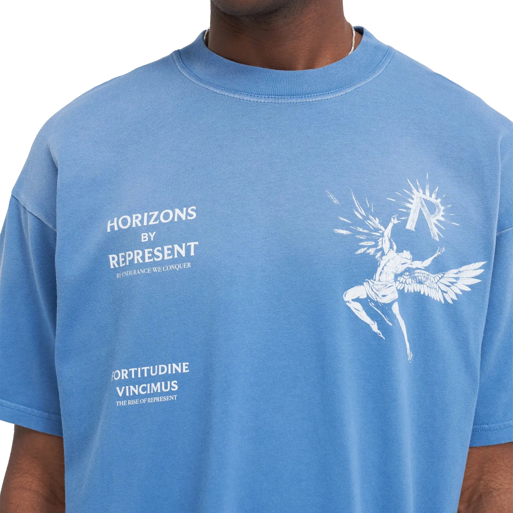 Front Detail view of Represent Icarus Sky Blue T Shirt MLM467-432
