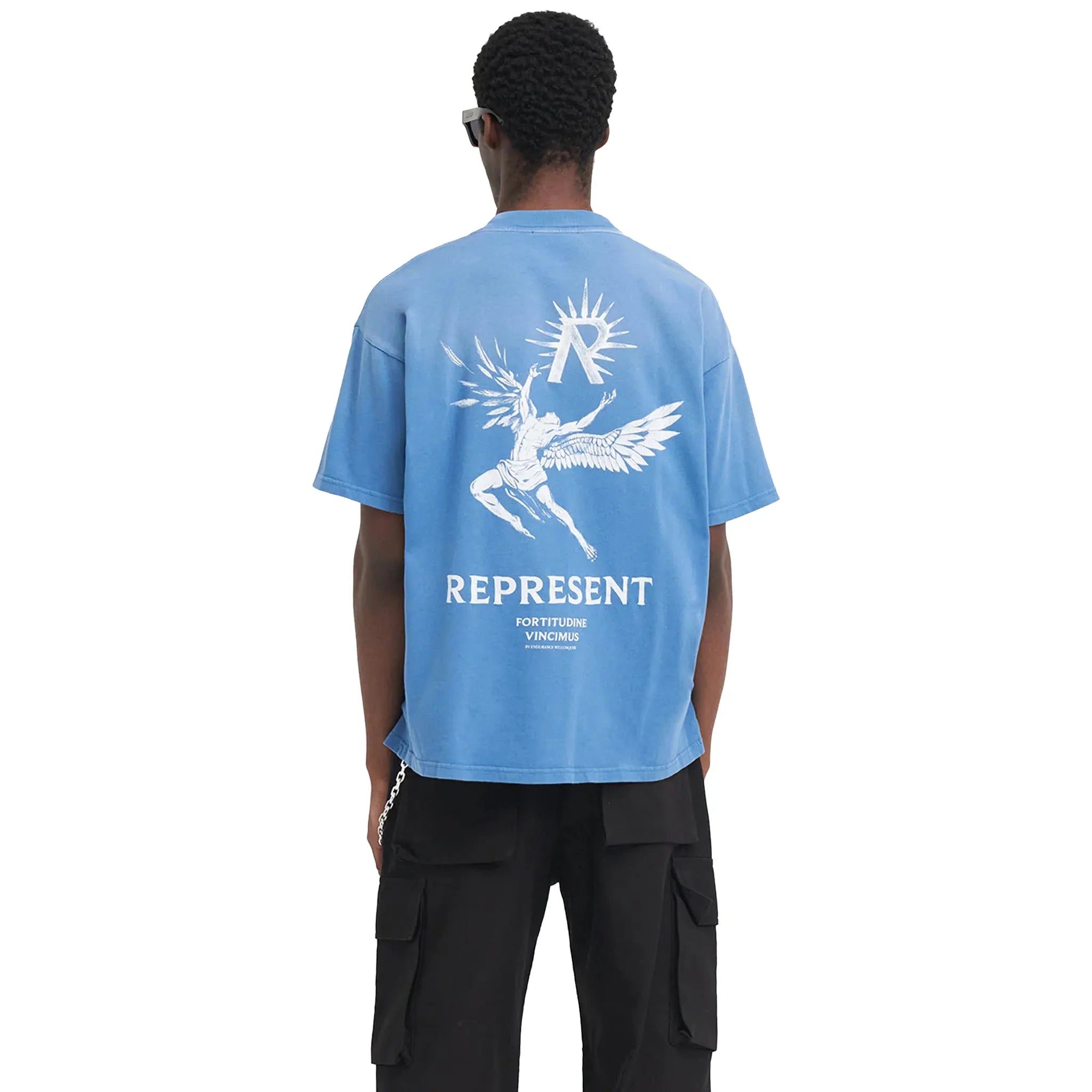 Model Back view of Represent Icarus Sky Blue T Shirt MLM467-432