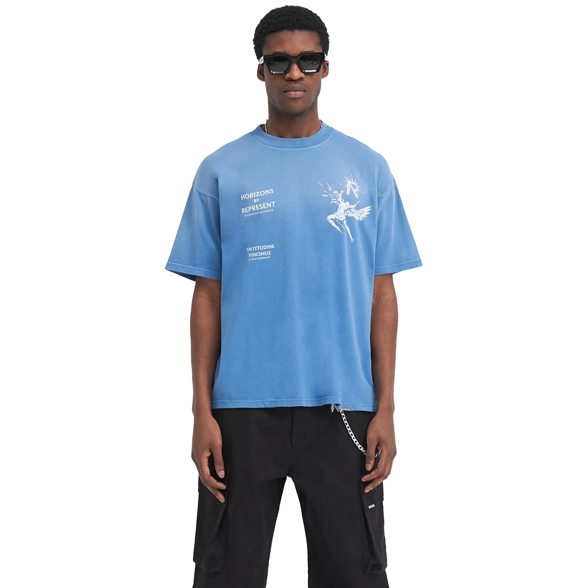 Model front view of Represent Icarus Sky Blue T Shirt MLM467-432
