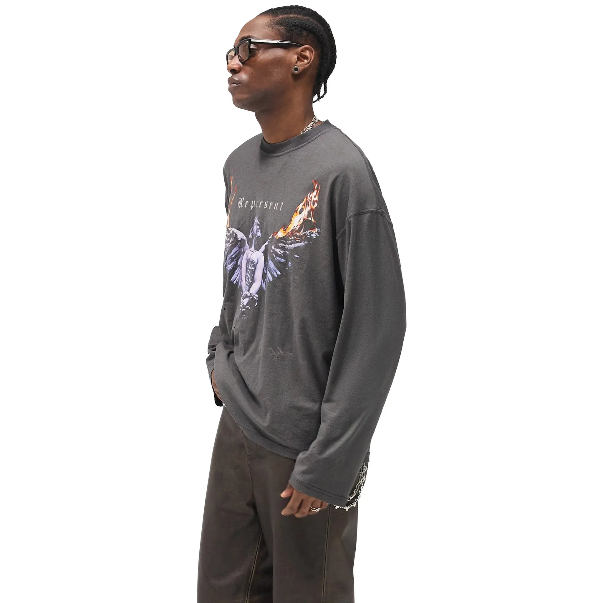 Front Side View of Represent Rep Legacy Ls Sun Fade Grey L/S T Shirt MLM100365-46
