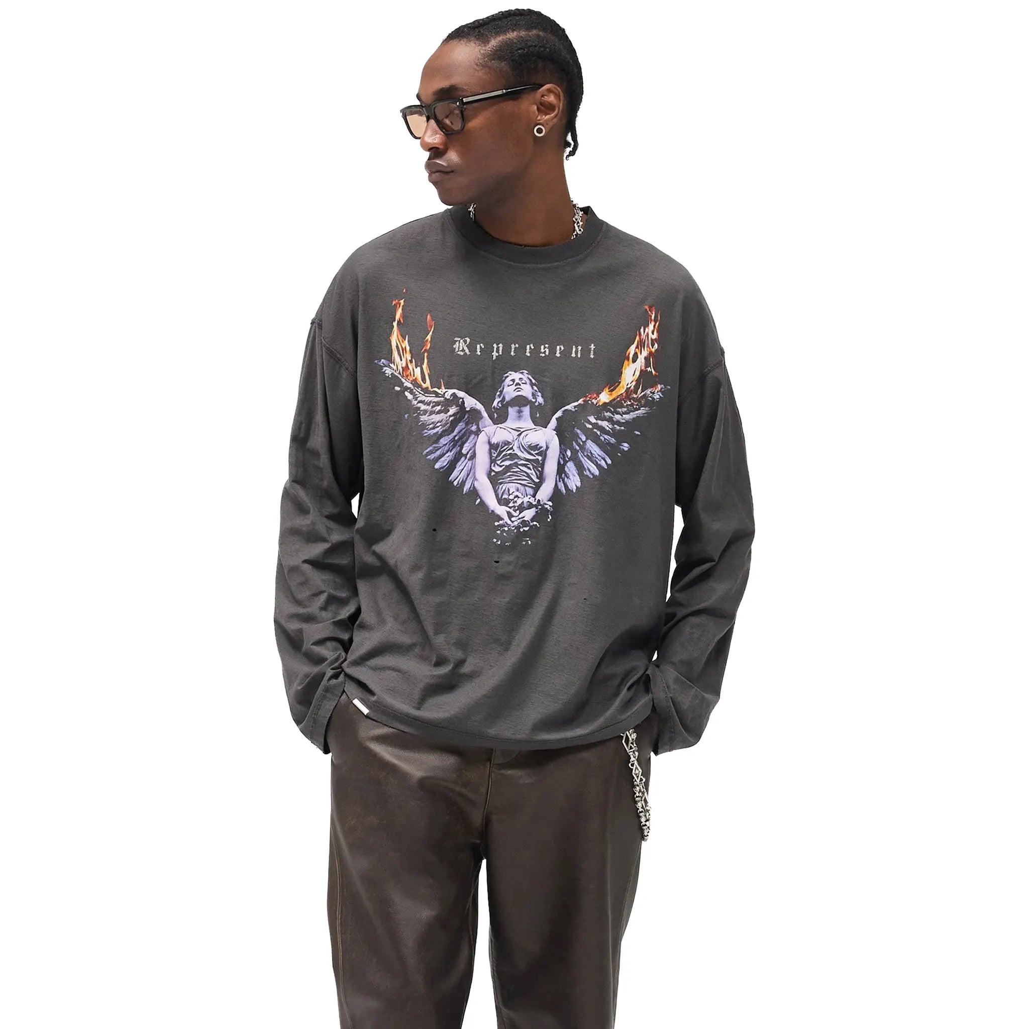 Front View of Represent Rep Legacy Ls Sun Fade Grey L/S T Shirt MLM100365-46
