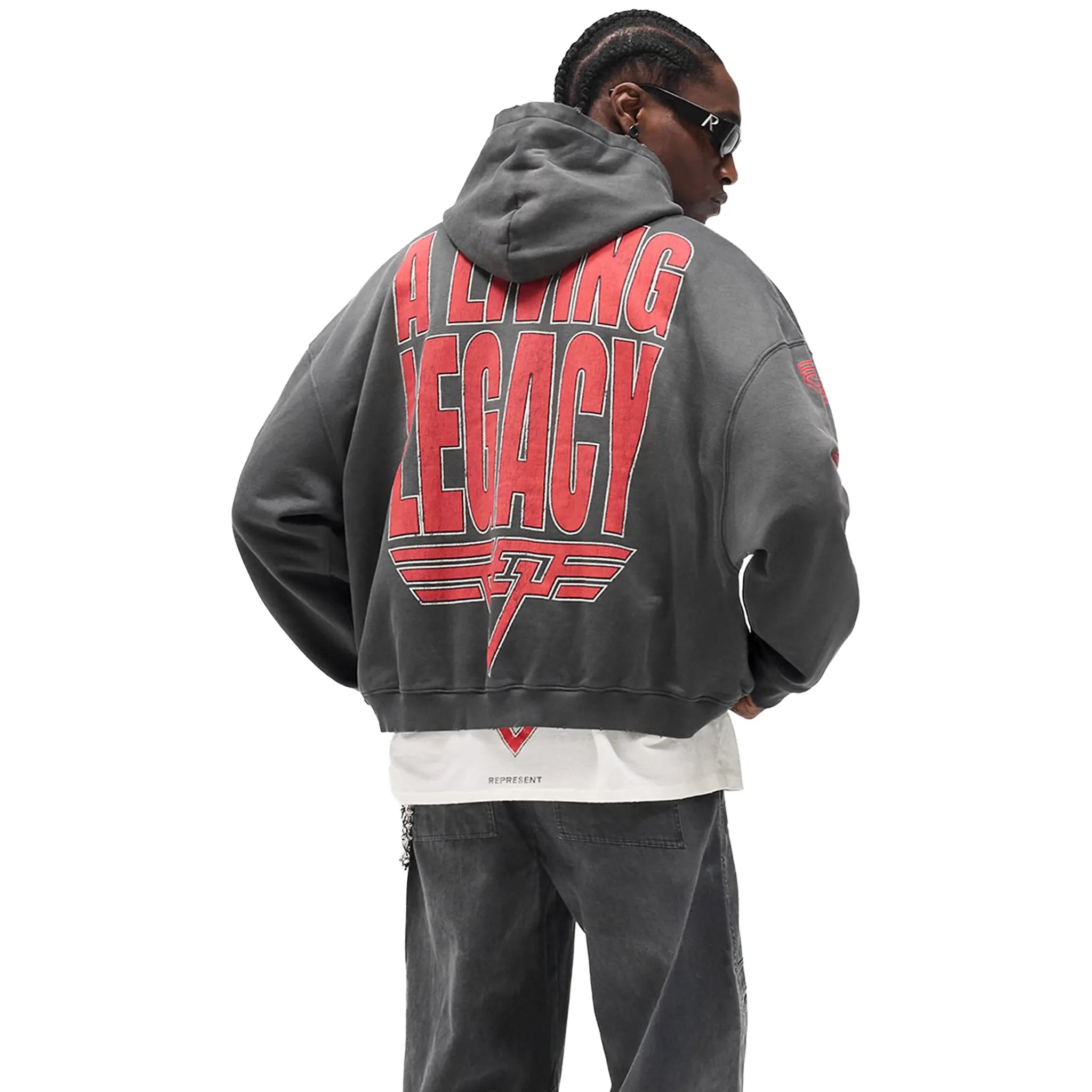 Model Back View of Represent Living Legacy Tour Reversible Grey Hoodie MLM100366-46