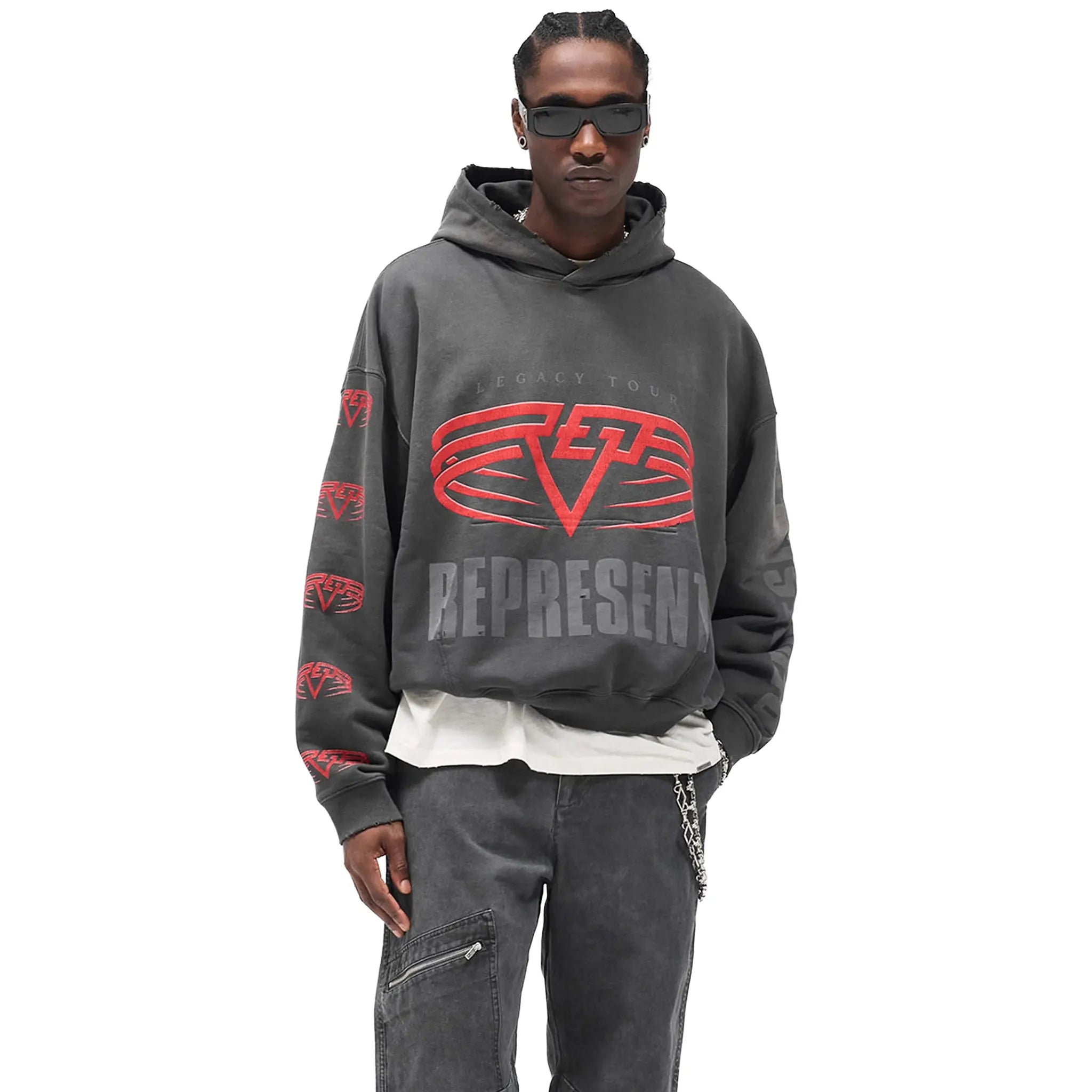 Front View of Represent Living Legacy Tour Reversible Grey Hoodie MLM100366-46
