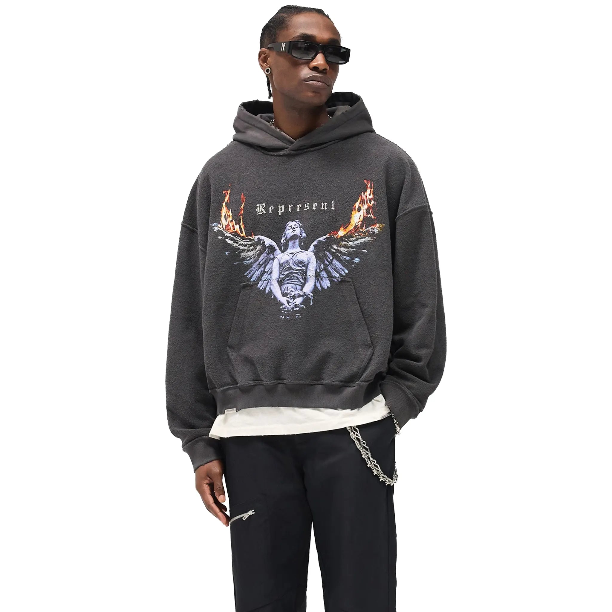 Front Model View of Represent Living Legacy Tour Reversible Grey Hoodie MLM100366-46